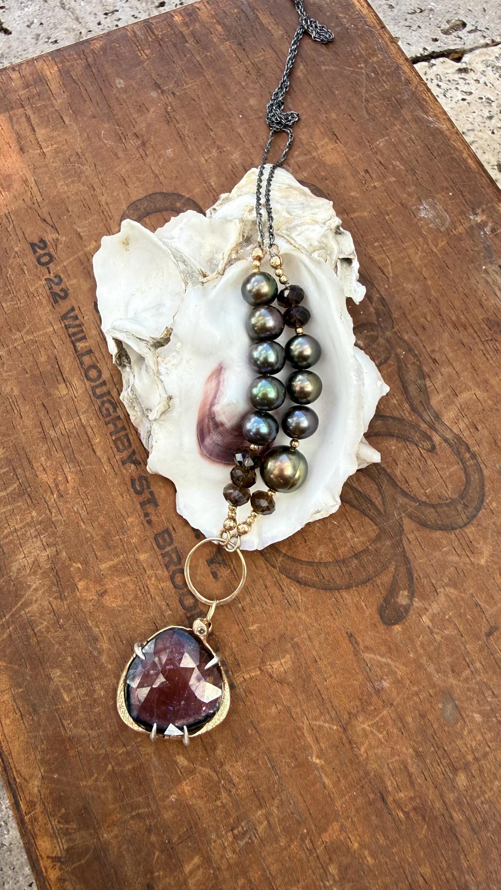 Watermelon Tourmaline Snake Necklace: 14k Gold, Diamond, Pearls, Smoky Topaz
