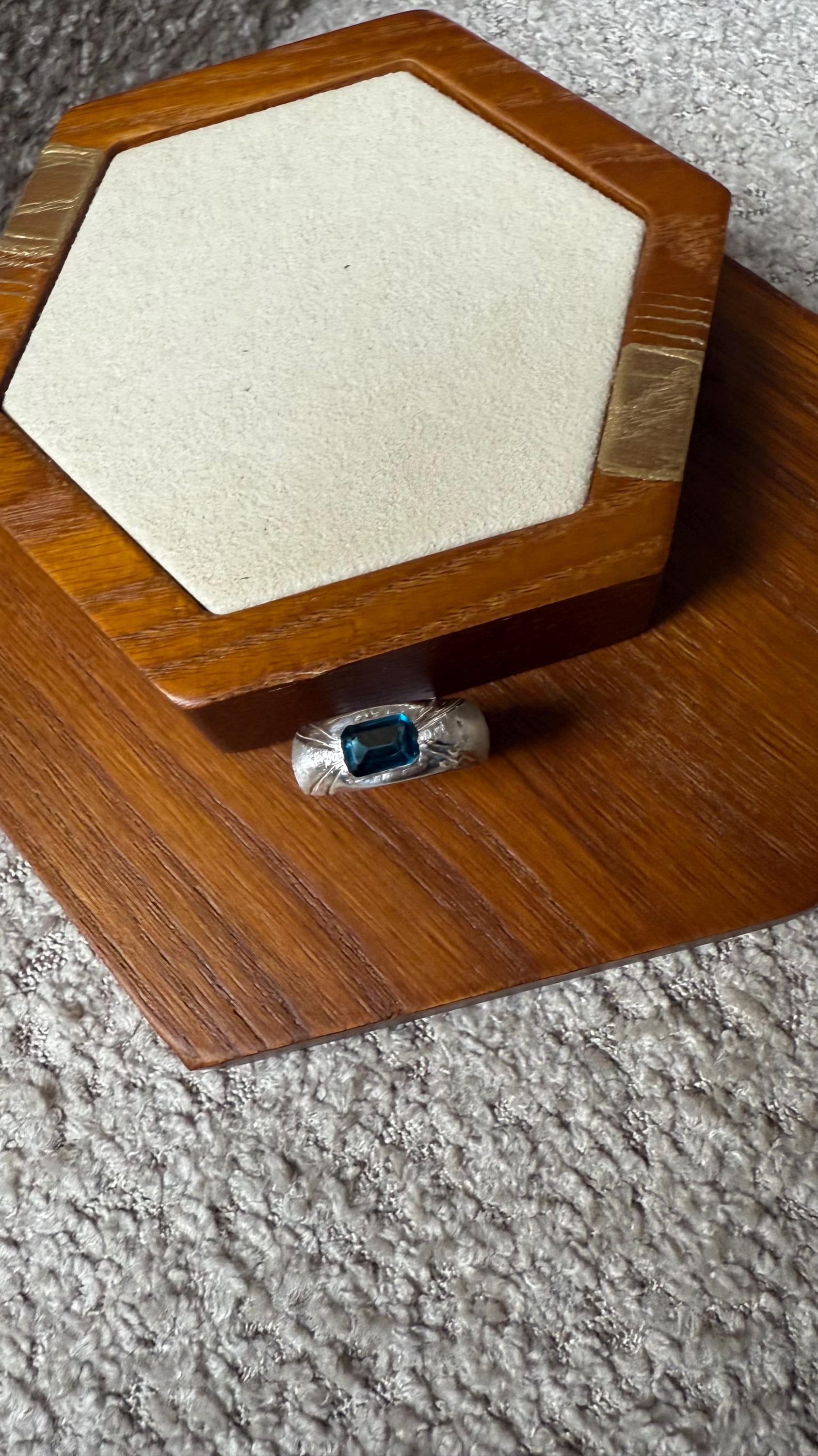 Hand Carved Fine Silver Dome Ring: London Blue Topaz, Size 7
