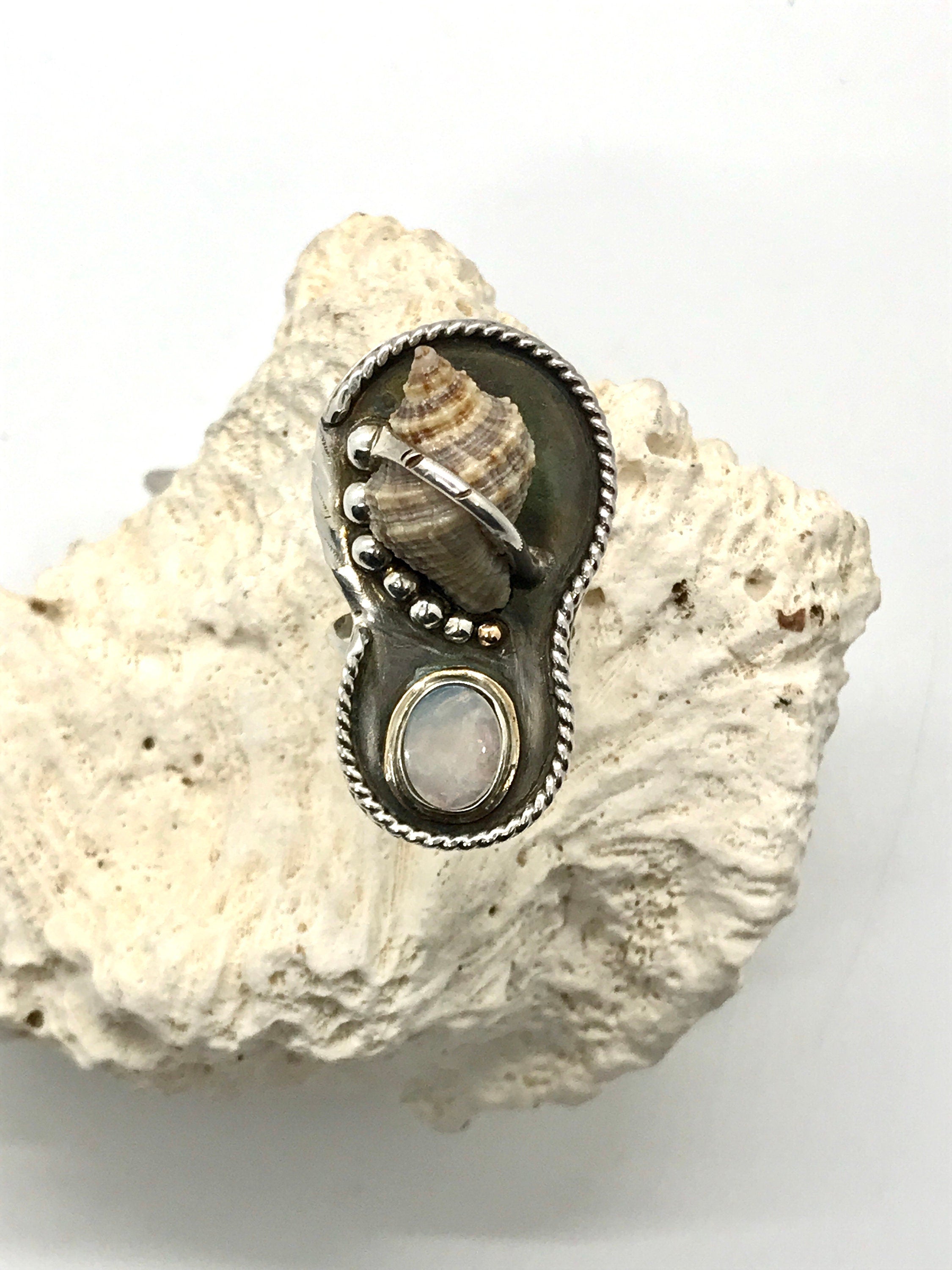 Hand-Picked Florida Rock Snail Shell, Paired with a Beautiful Opal in Mixed Metal; Truly a One of a Kind JO's Beach Inspired Artisan Ring
