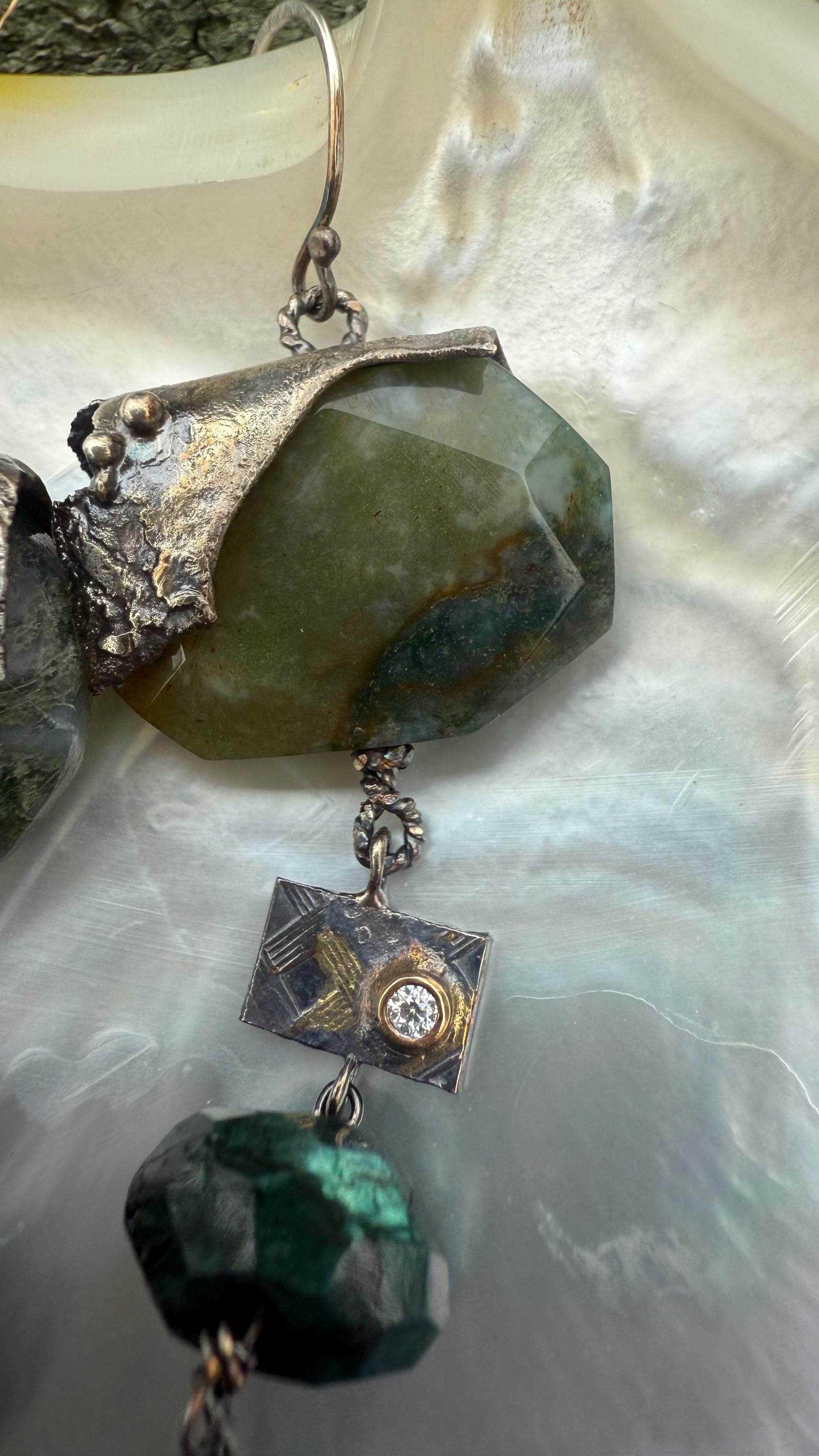 Gypsy Dangle Earrings with Moss Agate,  Emerald, Diamond, Sterling Silver, and 14Kt  Gold.