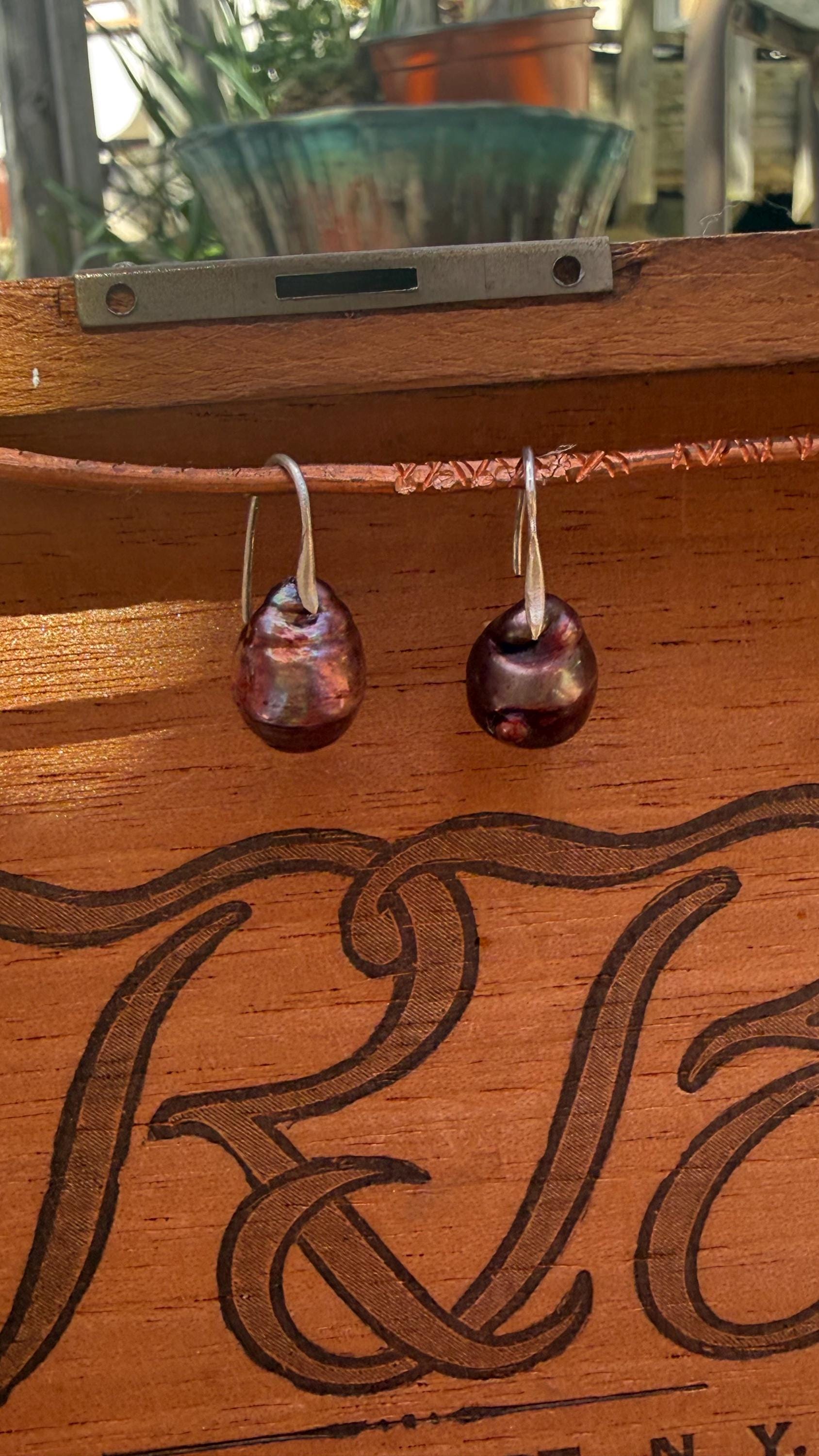 Port Colored Baroque Freshwater Pears with Sterling Silver hooks.