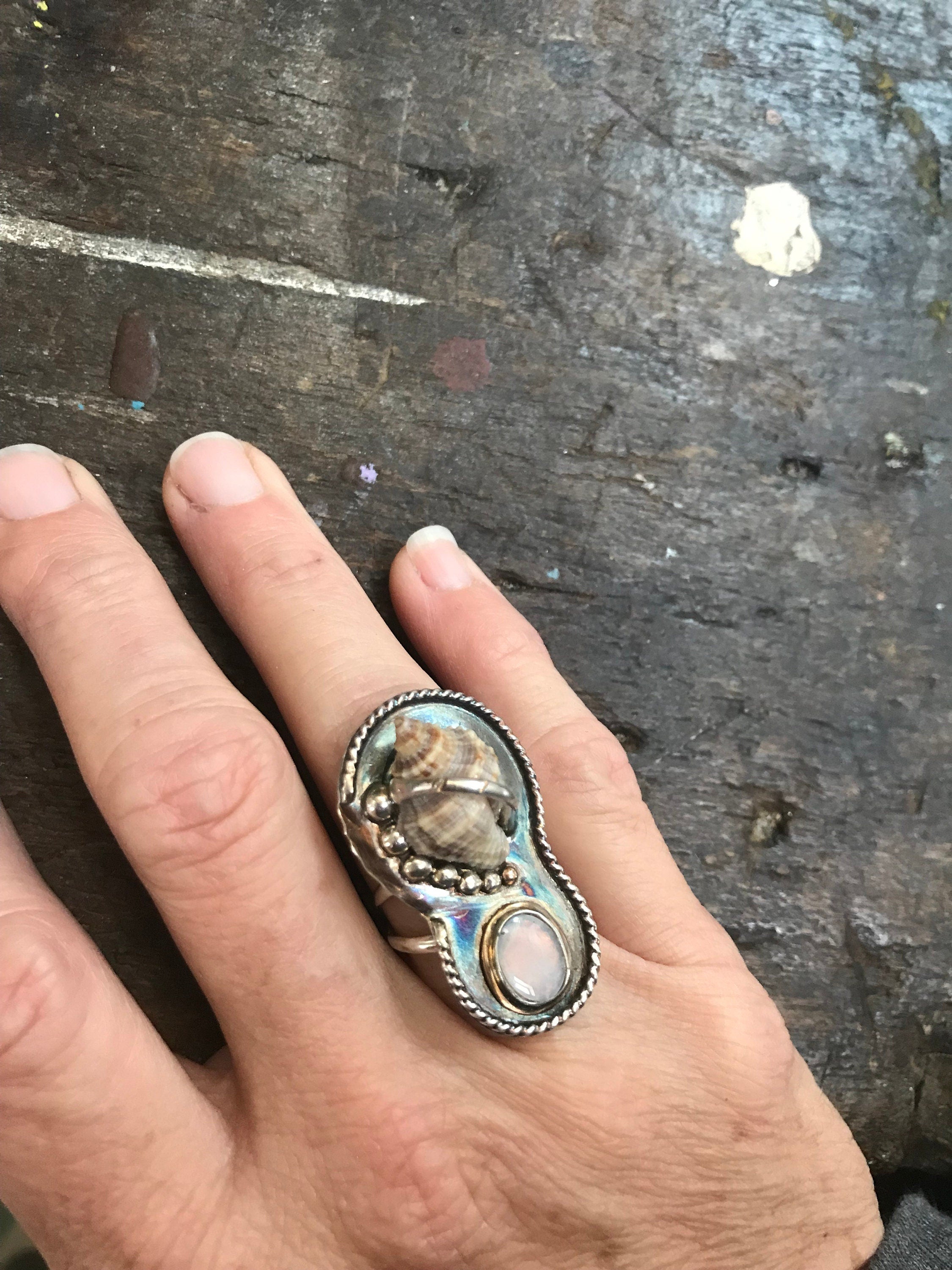 Hand-Picked Florida Rock Snail Shell, Paired with a Beautiful Opal in Mixed Metal; Truly a One of a Kind JO's Beach Inspired Artisan Ring