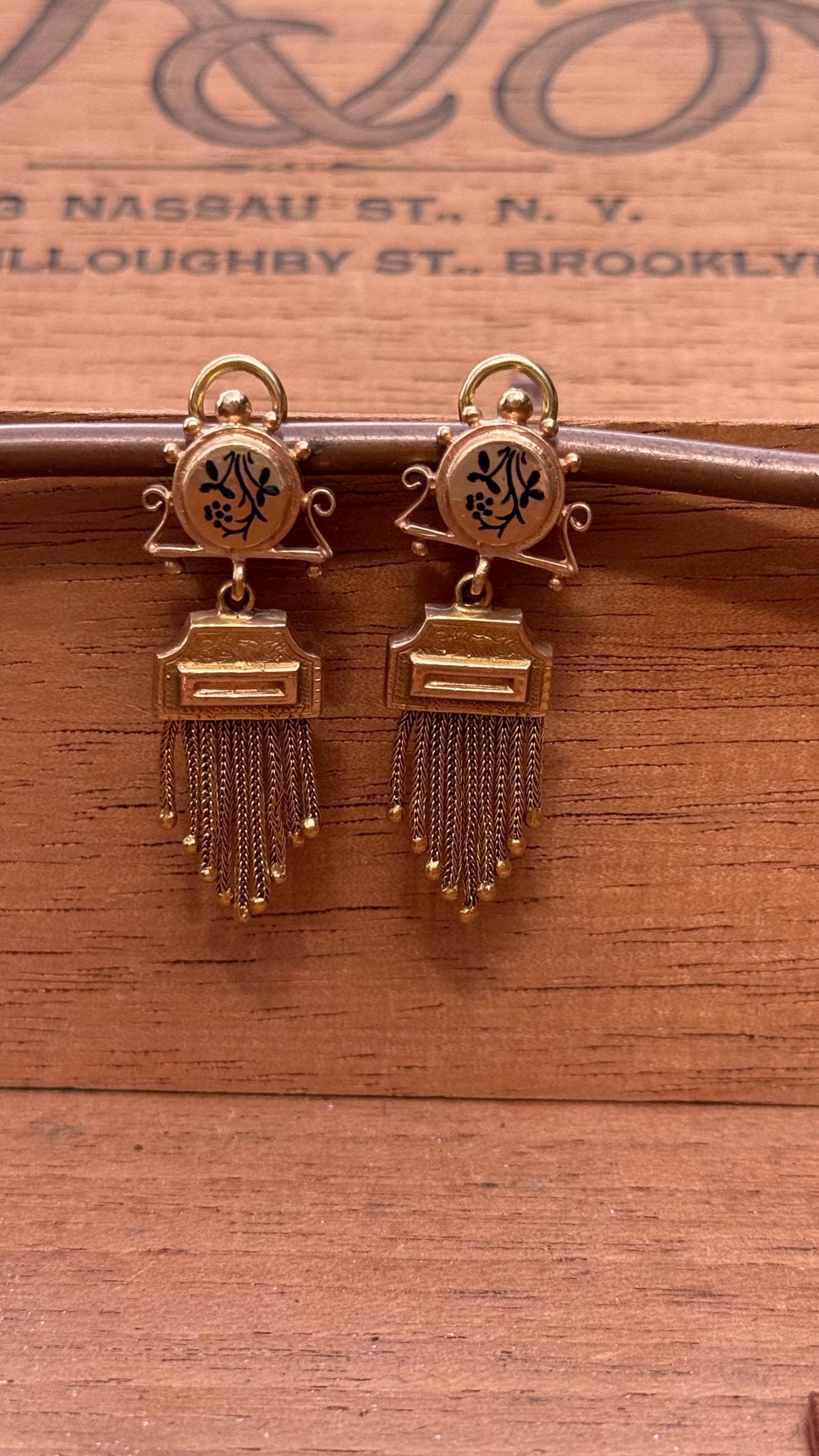 Antique Earrings Victorian Tassle with Black Enamel and 14K Yellow Gold