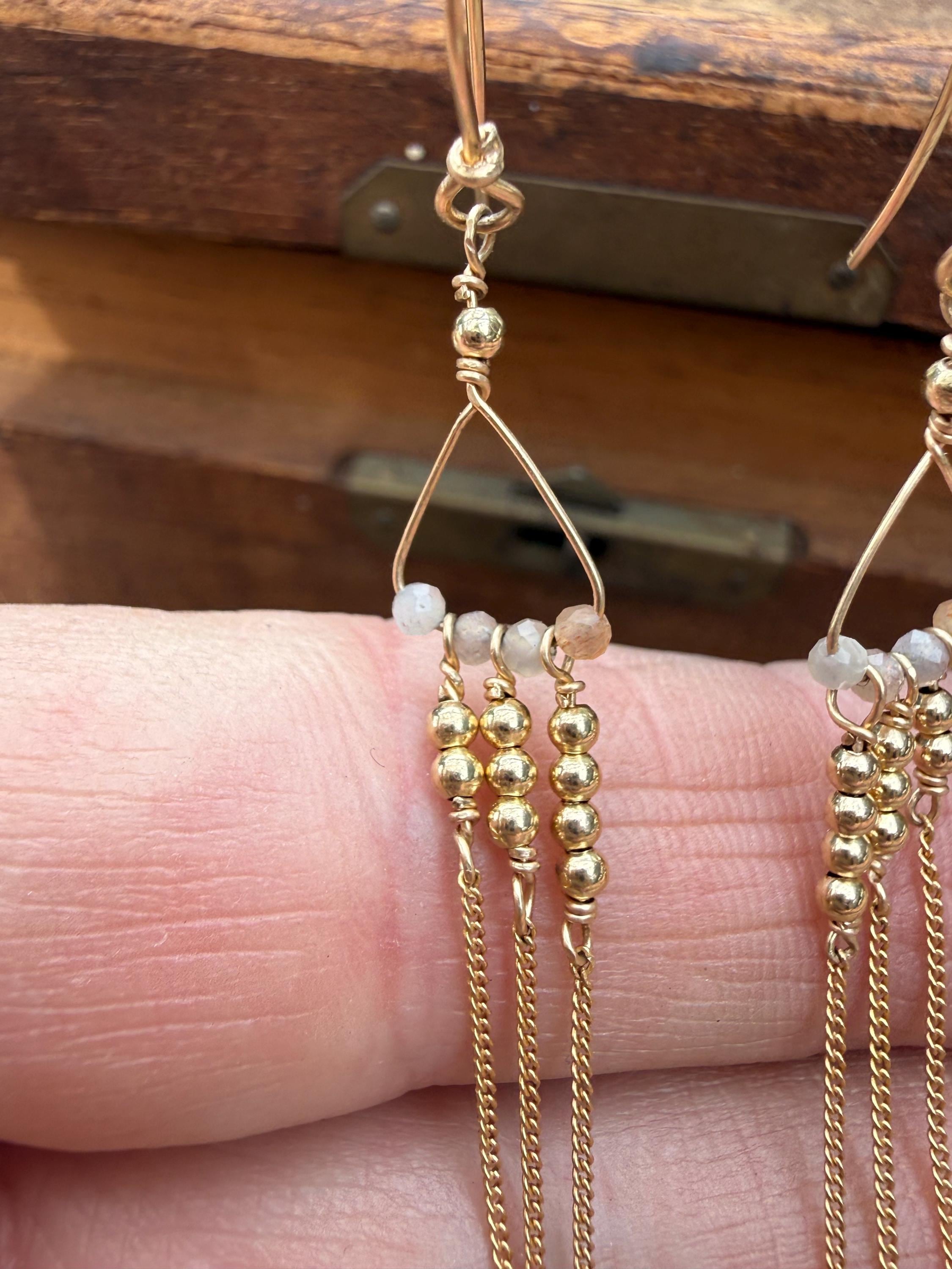 Peach Moonstone & Chain Extra Long Fringe Dangle Earrings in 14kgf, Handmade