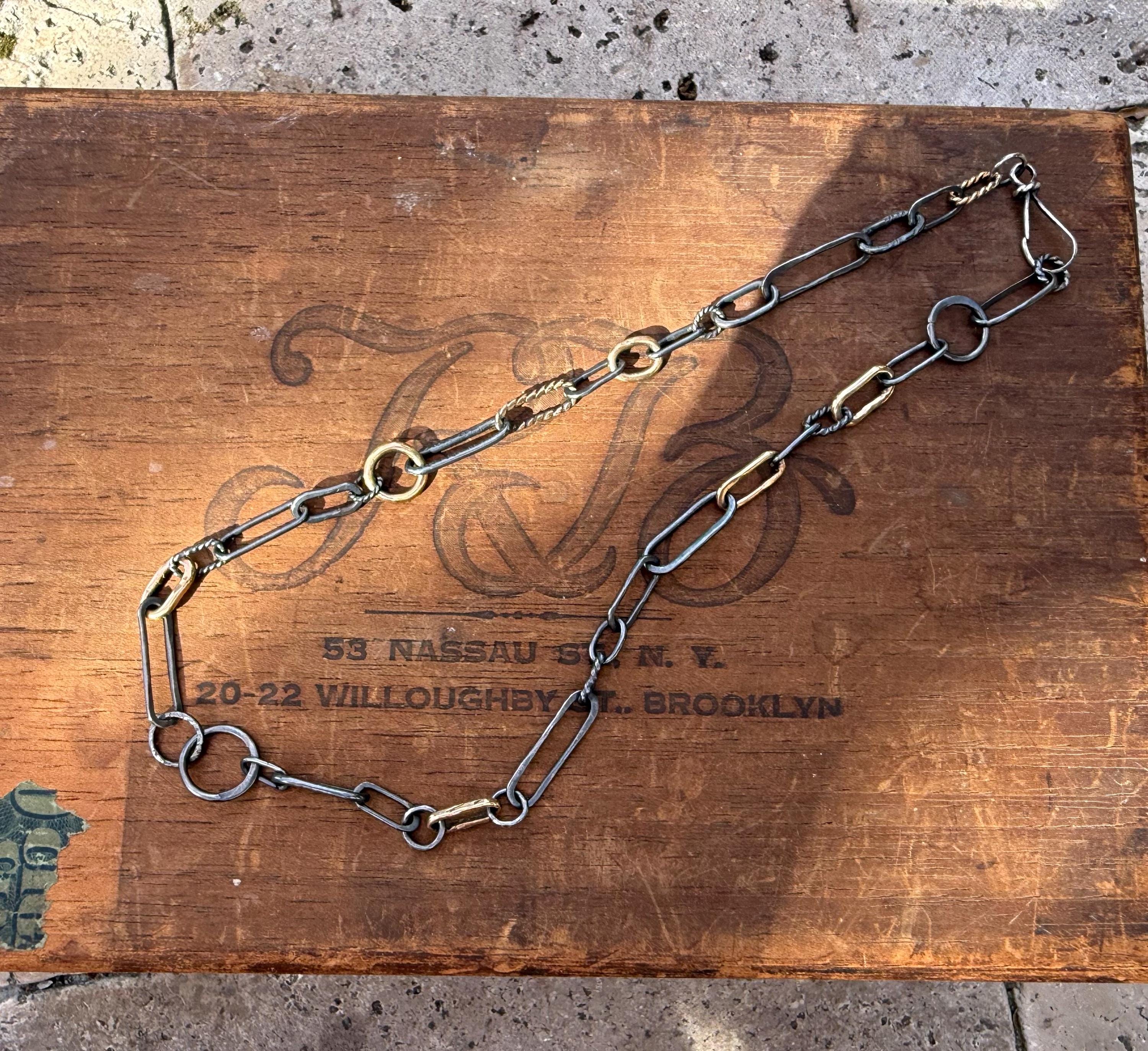 Hand-Formed Blackened Sterling Silver & 14k Gold Filled Oval and Circular Links, 18”