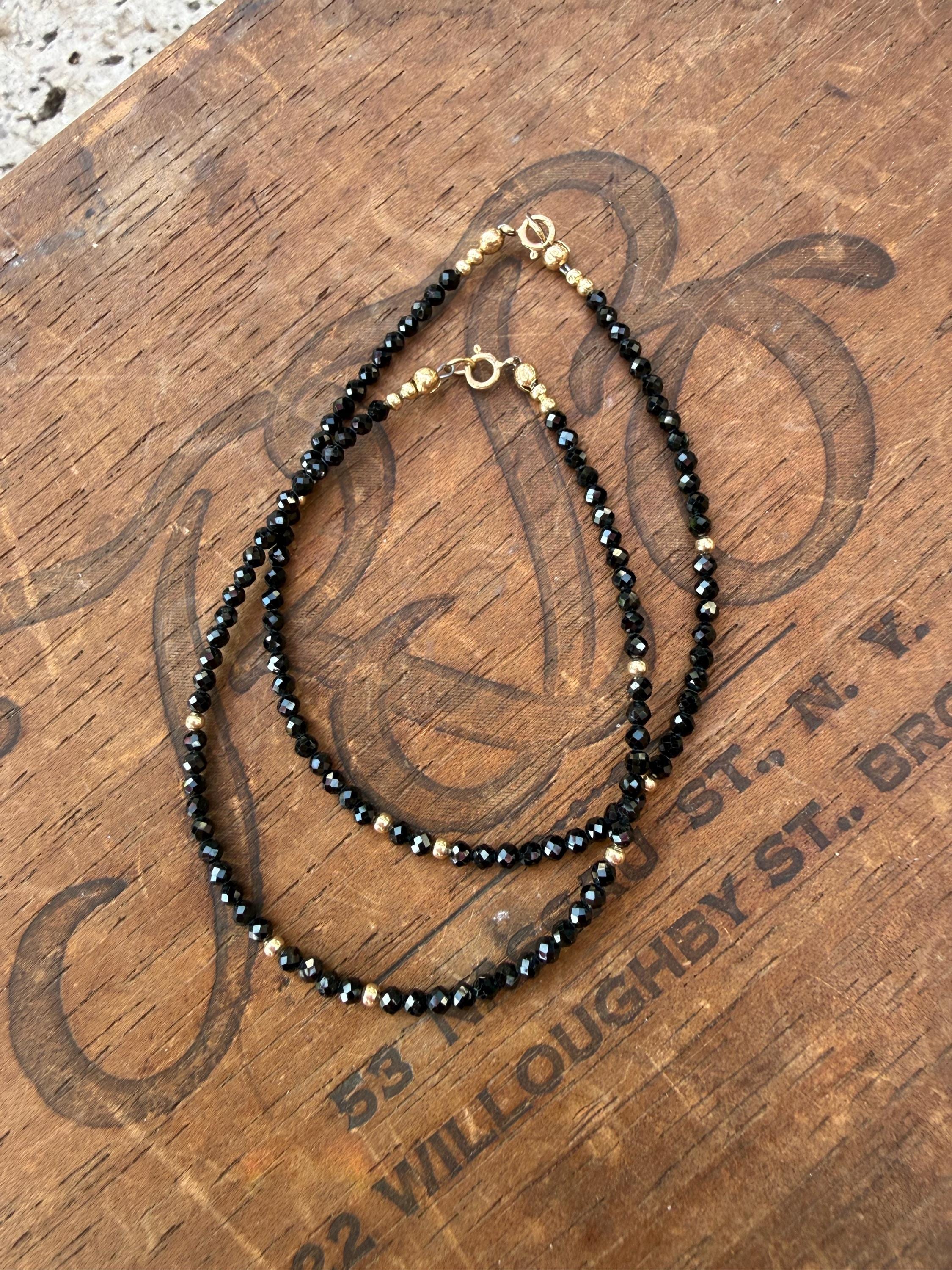 Black Tourmaline & 14k Gold Beaded Bracelet, size 6 3/4”