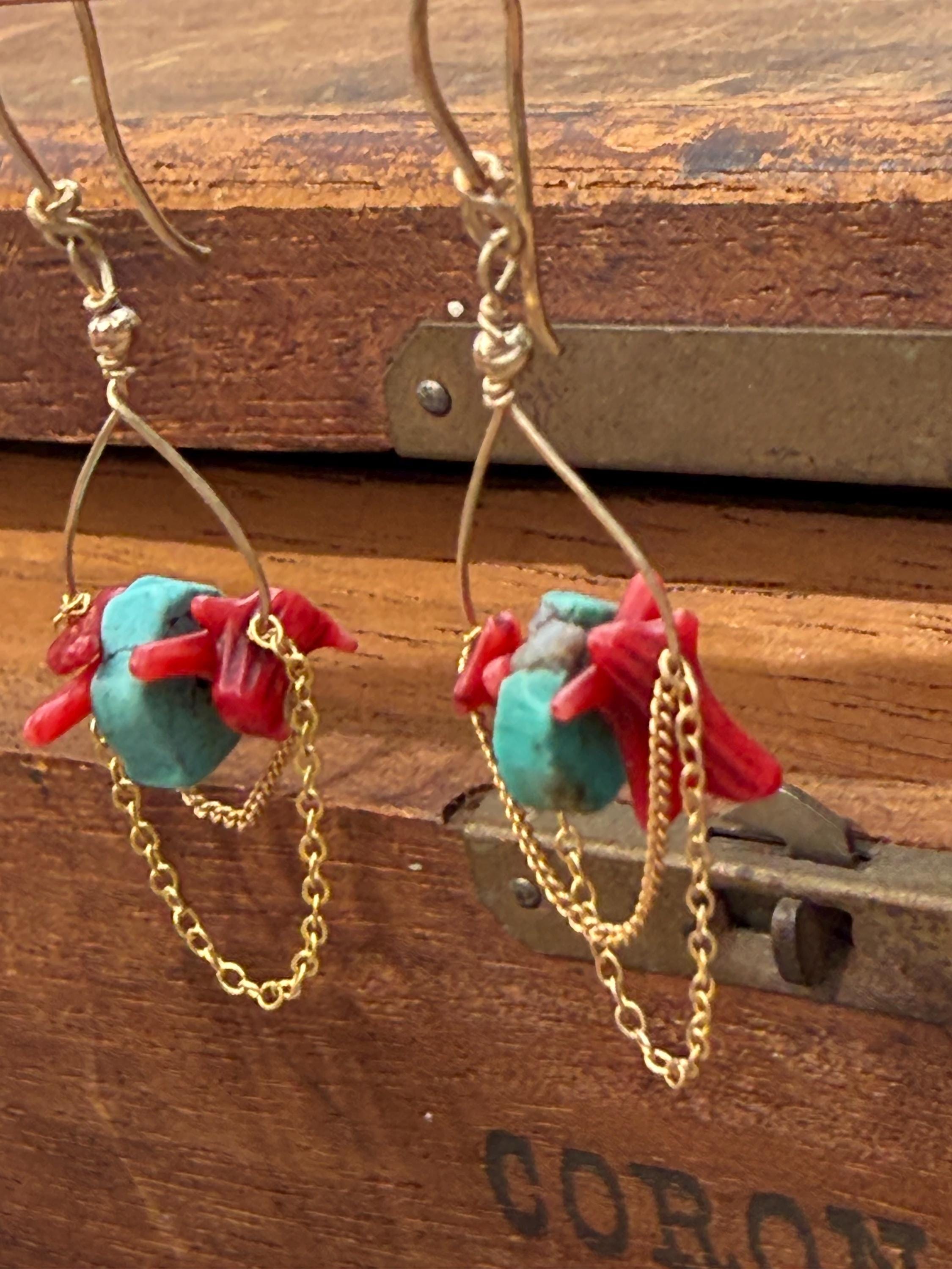 Red Coral & Turquoise Beaded Lightweight Chain Dangle Earrings in 14kgf, Handmade