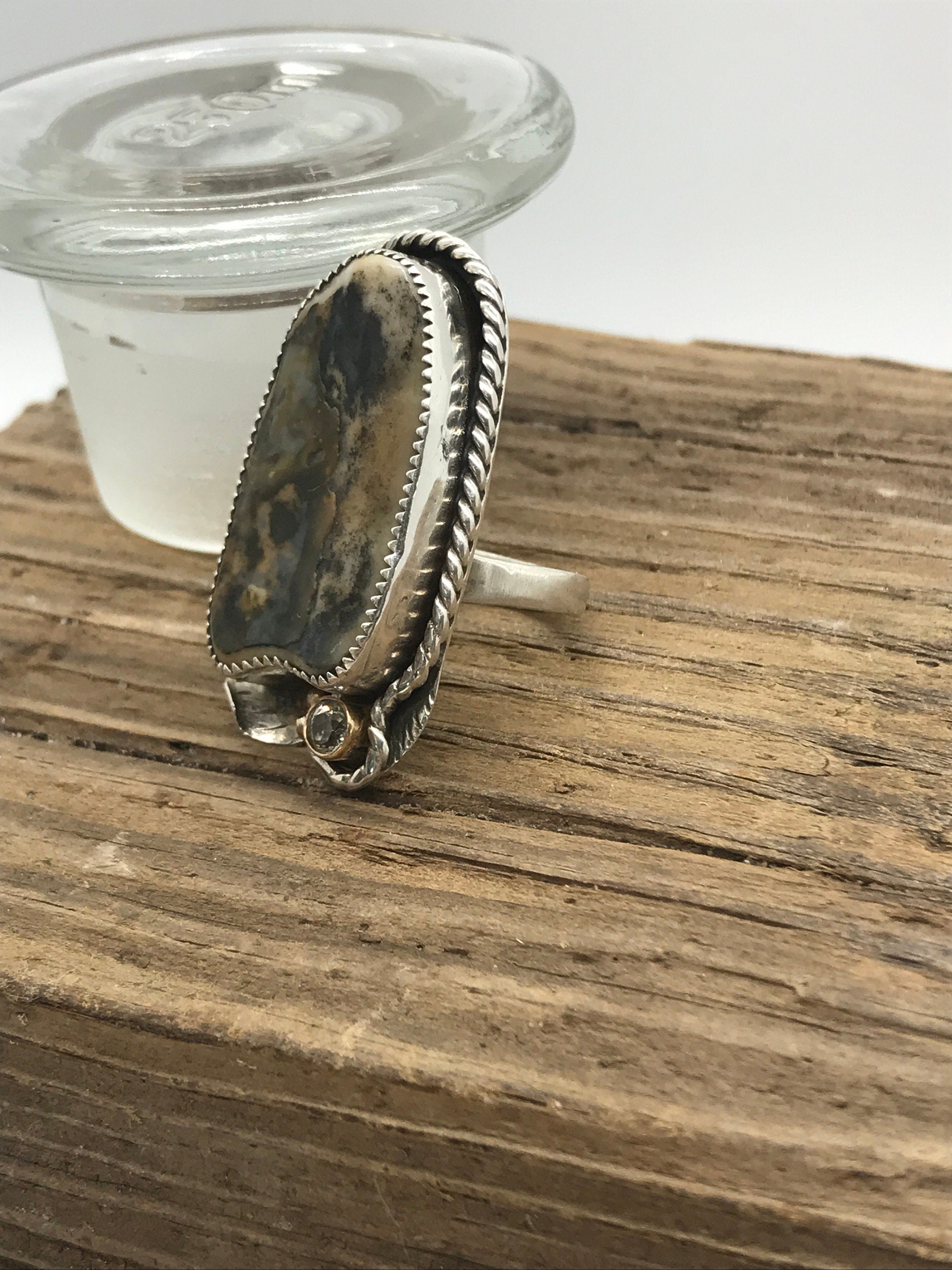 CLAM SHELL Ring Paired with a 5mm White Topaz, Handmade in Sterling and Fine Silver & 14KGF Accents