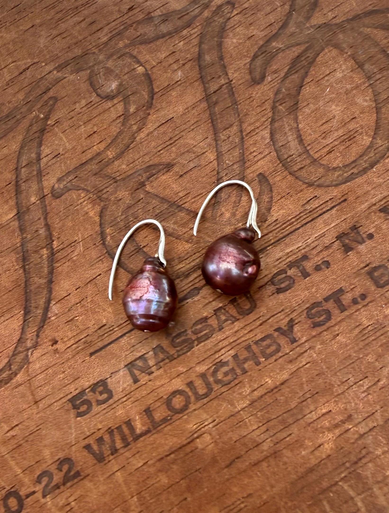 Port Colored Baroque Freshwater Pears with Sterling Silver hooks.