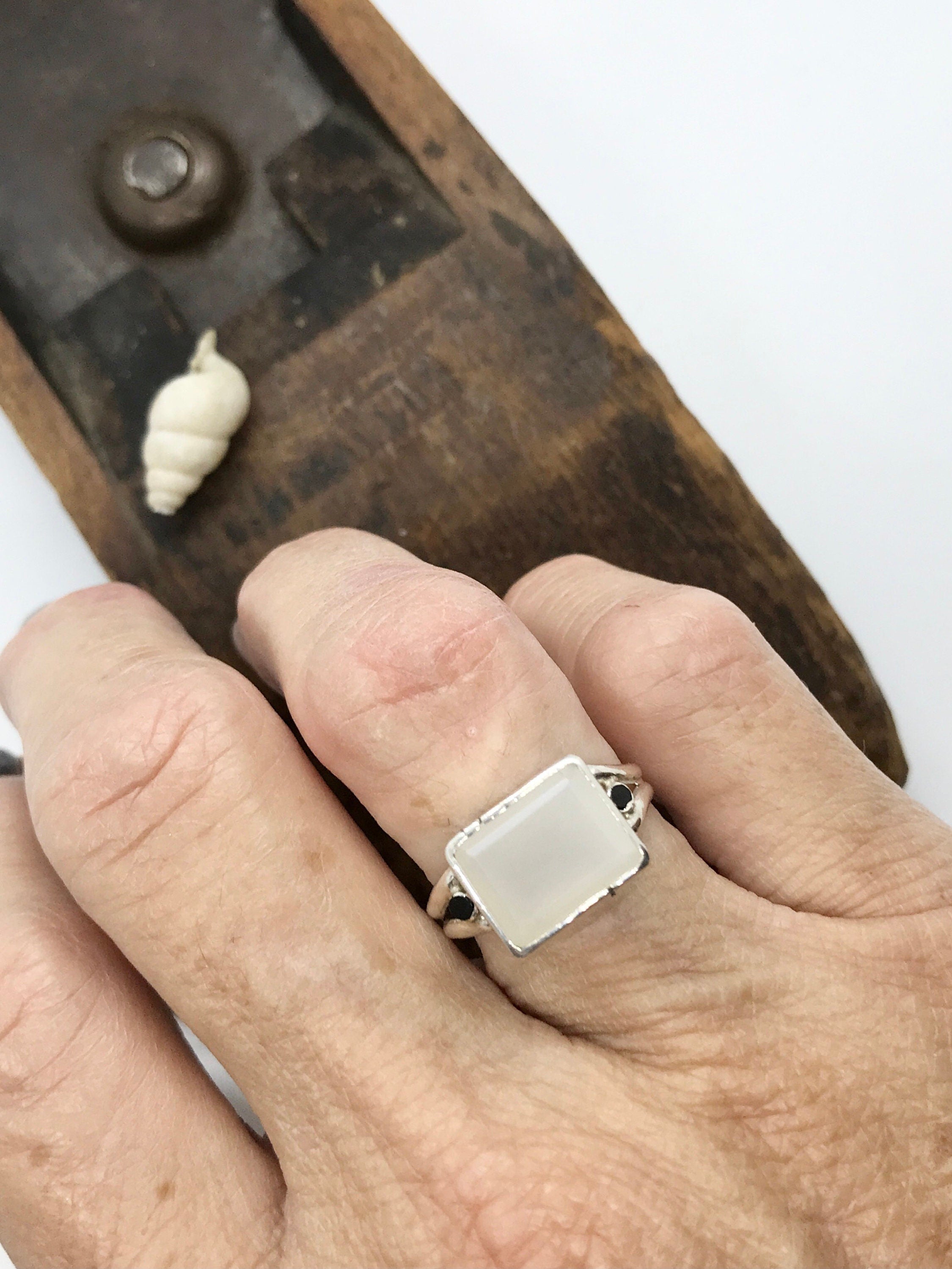 Emerald Cut CHALCEDONY with Spinel Sidelights in sterling silver, handmade with estate gems (earth friendly)