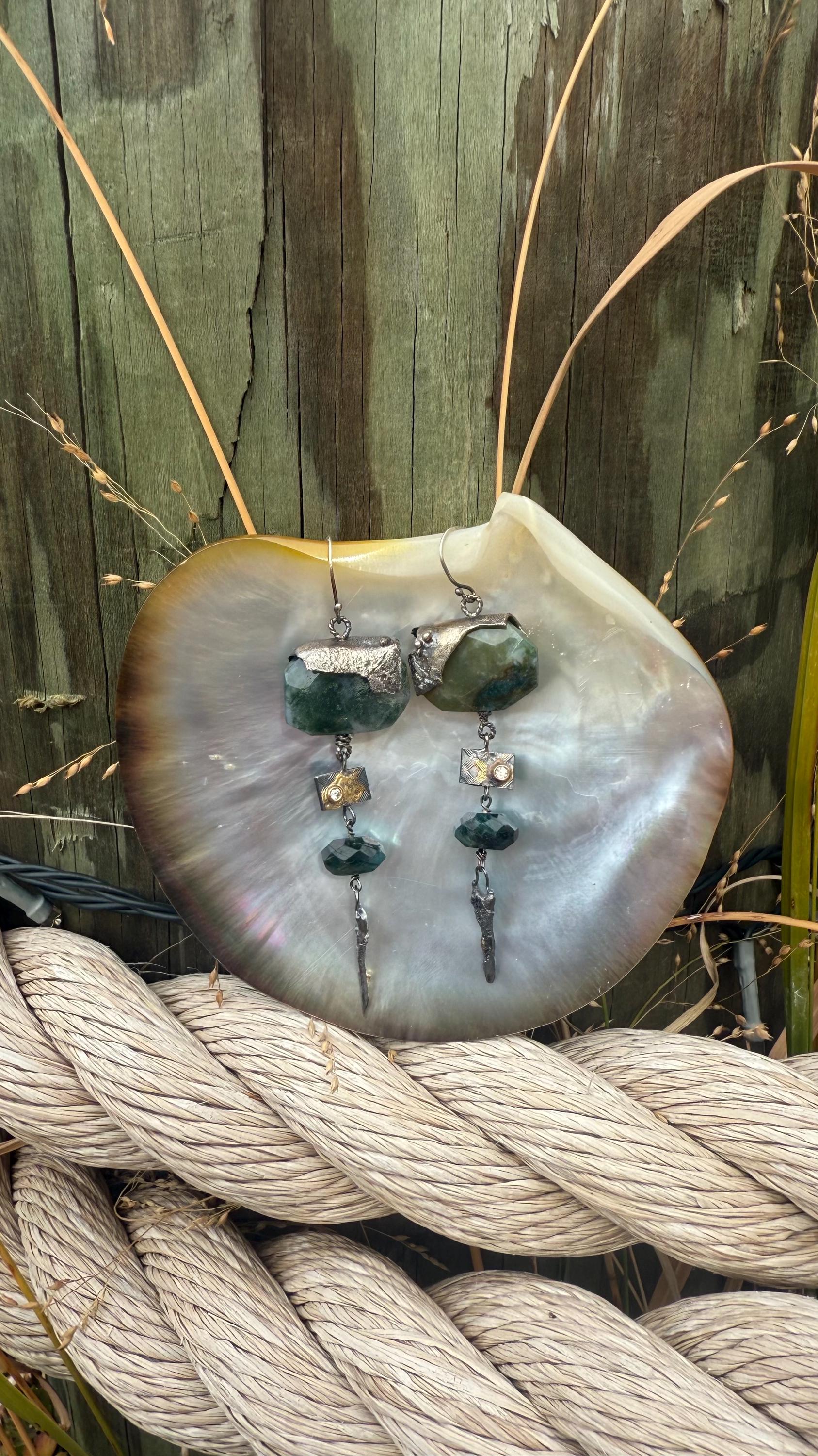Gypsy Dangle Earrings with Moss Agate,  Emerald, Diamond, Sterling Silver, and 14Kt  Gold.