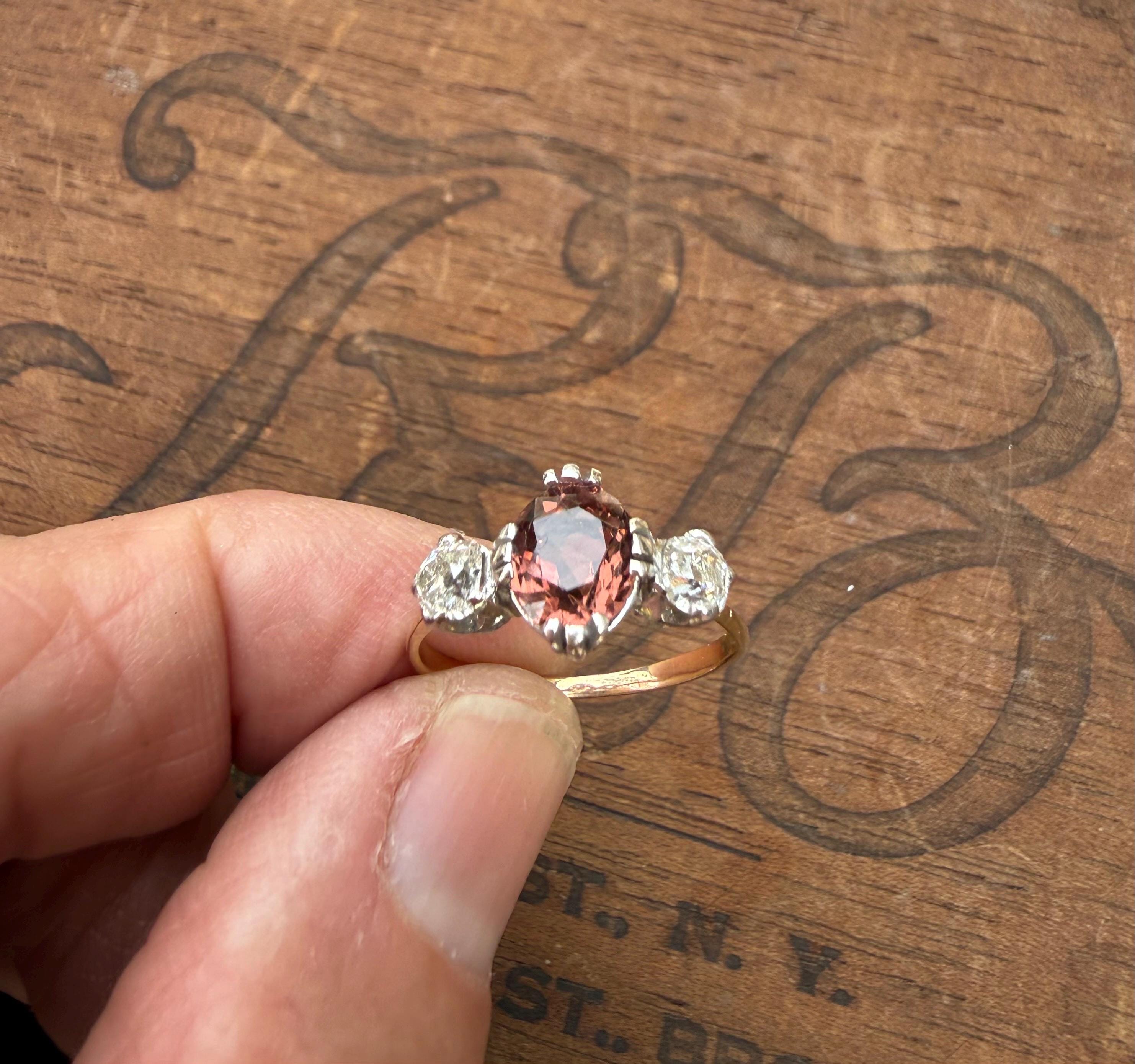 Gorgeous Victorian Trilogy Ring in 18Ct Yellow and White Gold, featuring a 1 carat Spinel, and (2) 22.5 pt Old European cut Natural Diamonds