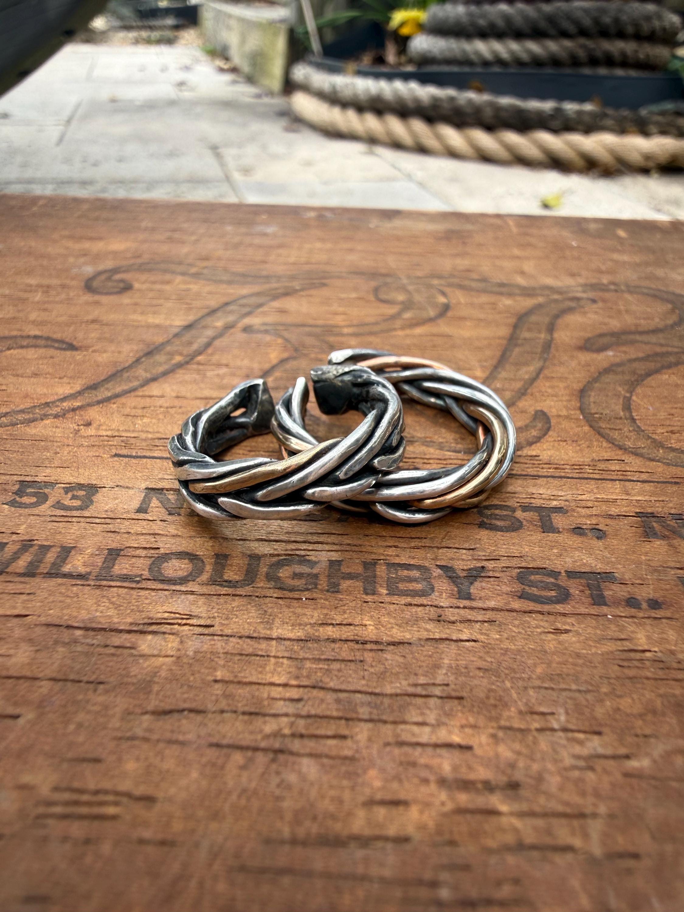 Fishtail Braided Rings with Sterling Silver & 14kgf, Adjustable.