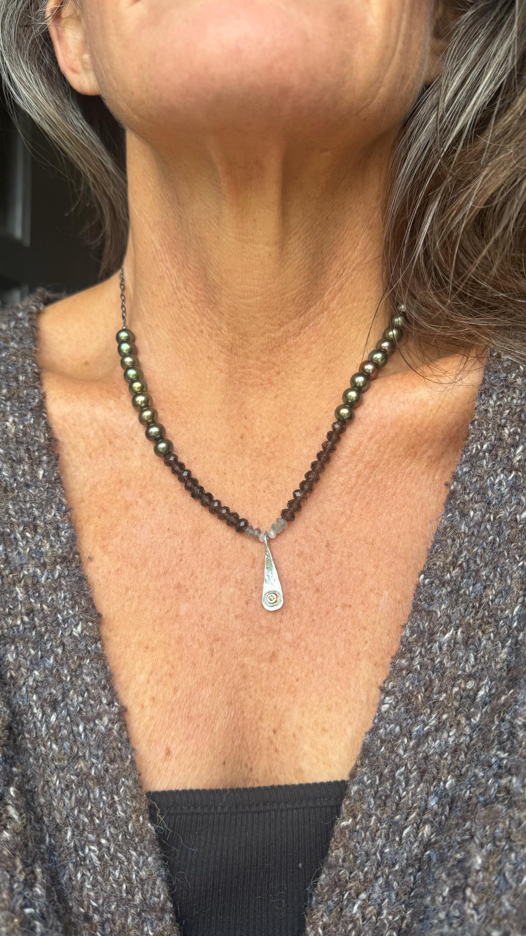 Evil Eye Sterling Silver Necklace: Smoky Quartz, Labradorite, Pearl, and Natural Champagne Diamond