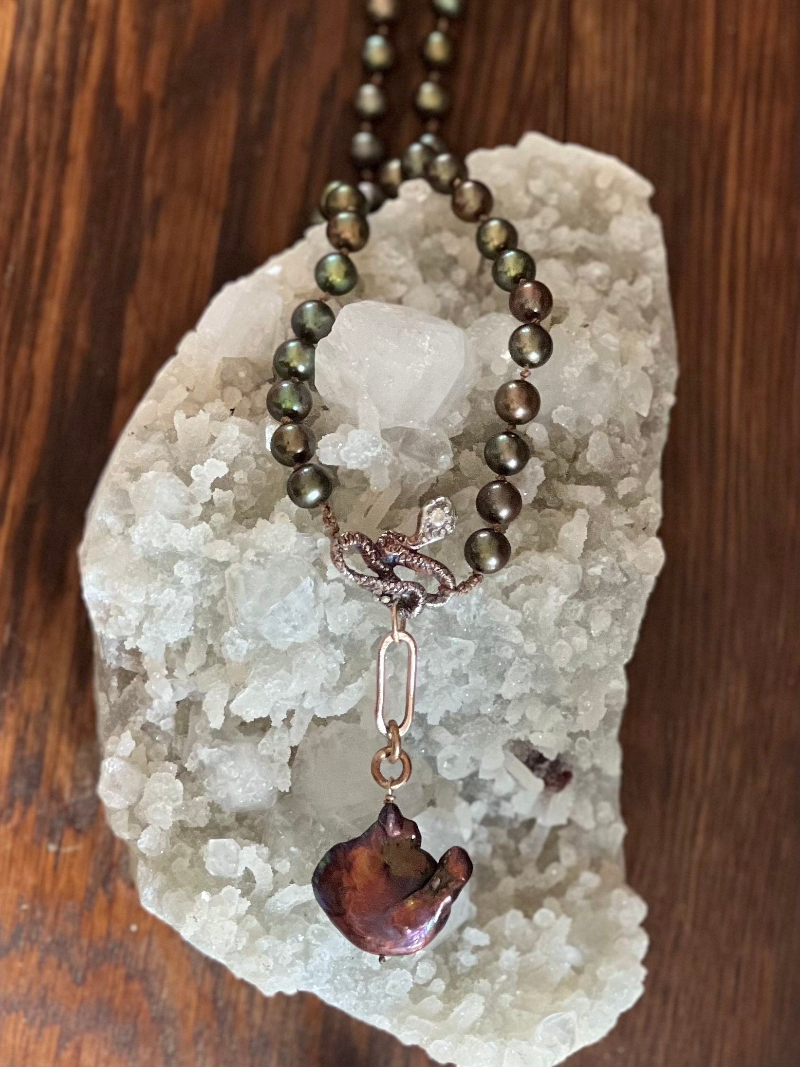 Cultured Peacock Freshwater Pearls with a Hand Carved Jeweled Snake in Fine Silver