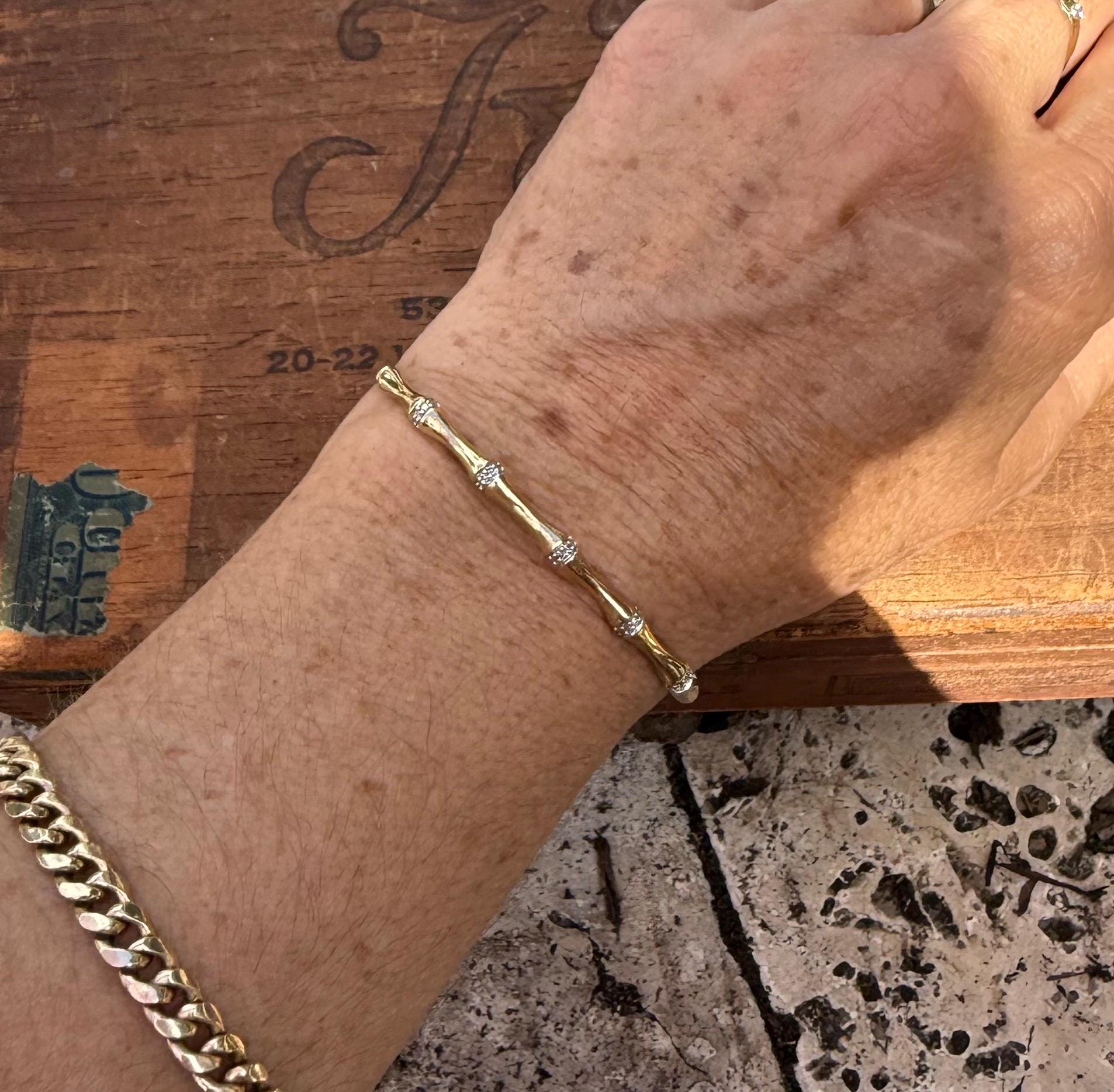 Vintage Gold Bamboo Bangle from UK in Yellow and White 9K Gold with Natural Diamonds, 6.4 grams.