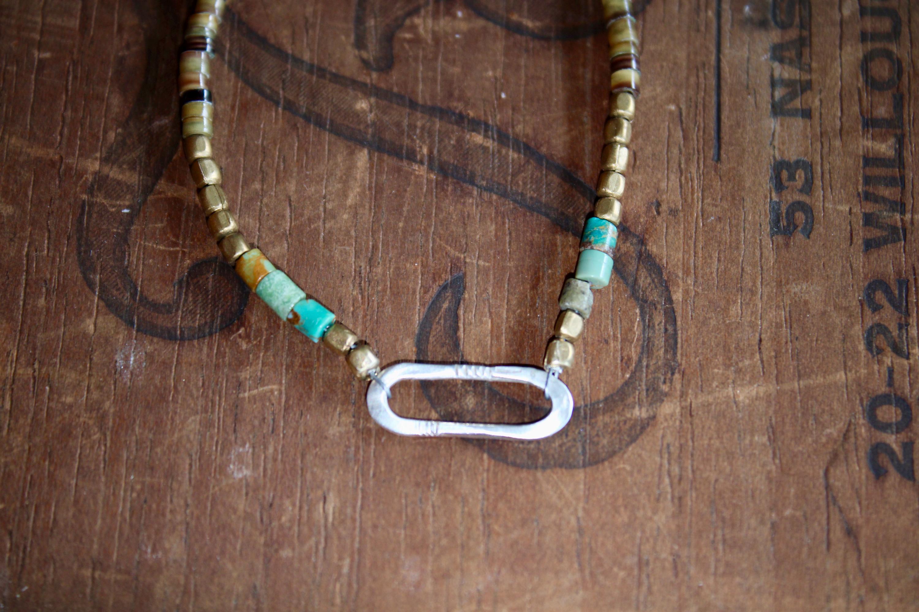 Gypsy Necklace with Turquoise, Shell, Labradorite & Brass Beads with Hand Formed S. Silver Link, 18” Silver chain