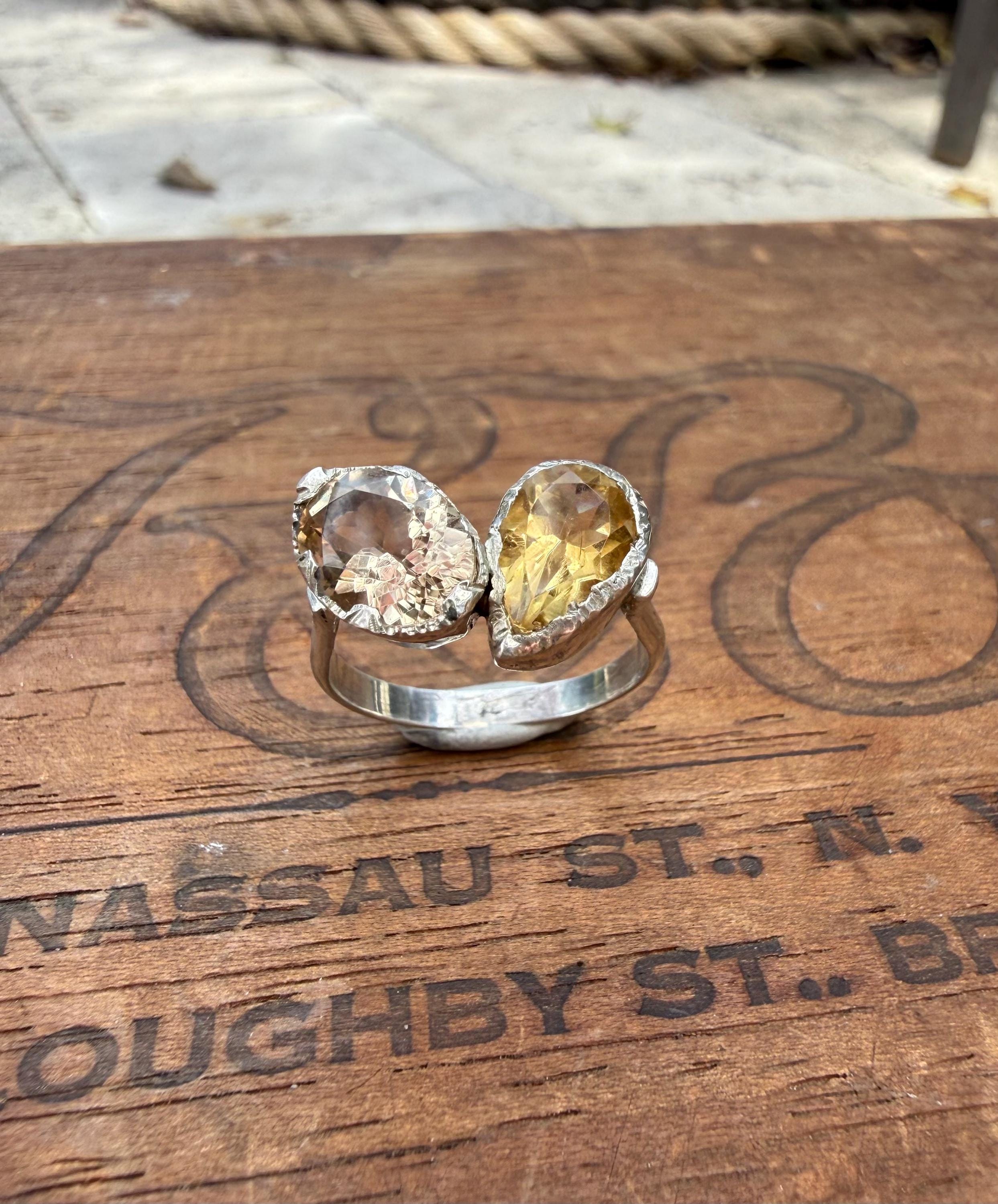 Hand-forged Sterling Silver Ring with Citrine Gemstones, size 6 3/4.