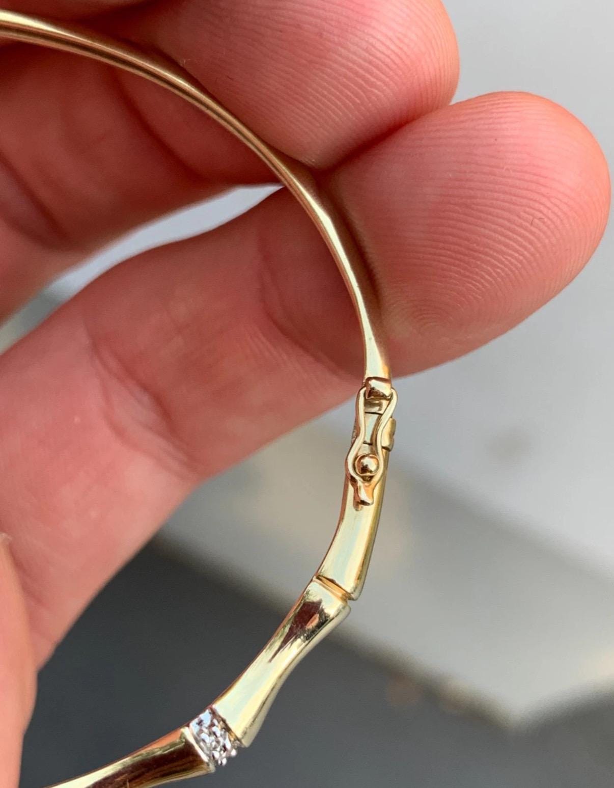 Vintage Gold Bamboo Bangle from UK in Yellow and White 9K Gold with Natural Diamonds, 6.4 grams.