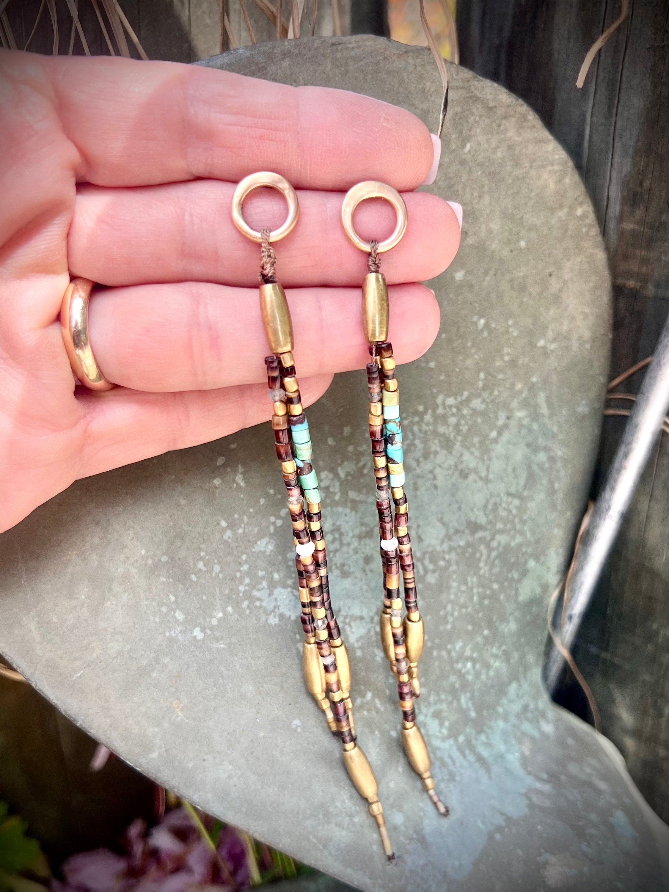 Gypsy Earrings with Shell, Labradorite, Turquoise, Moonstone, & Brass beads and 14kgf with SS Posts.