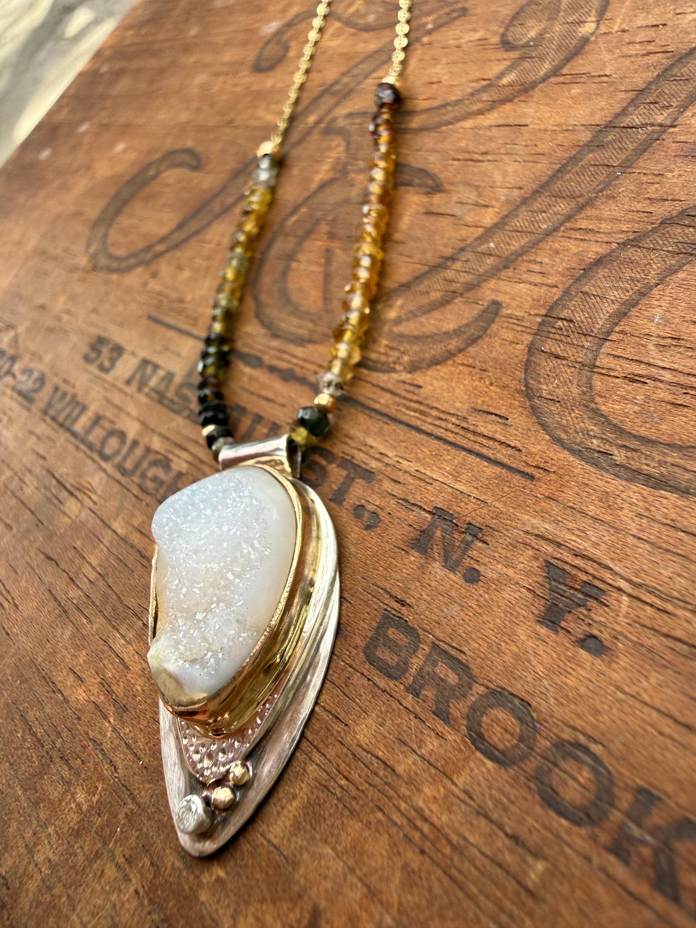 Druzy Diamond Pendant: 14K Gold & Sterling Silver, Tourmaline Bead Necklace