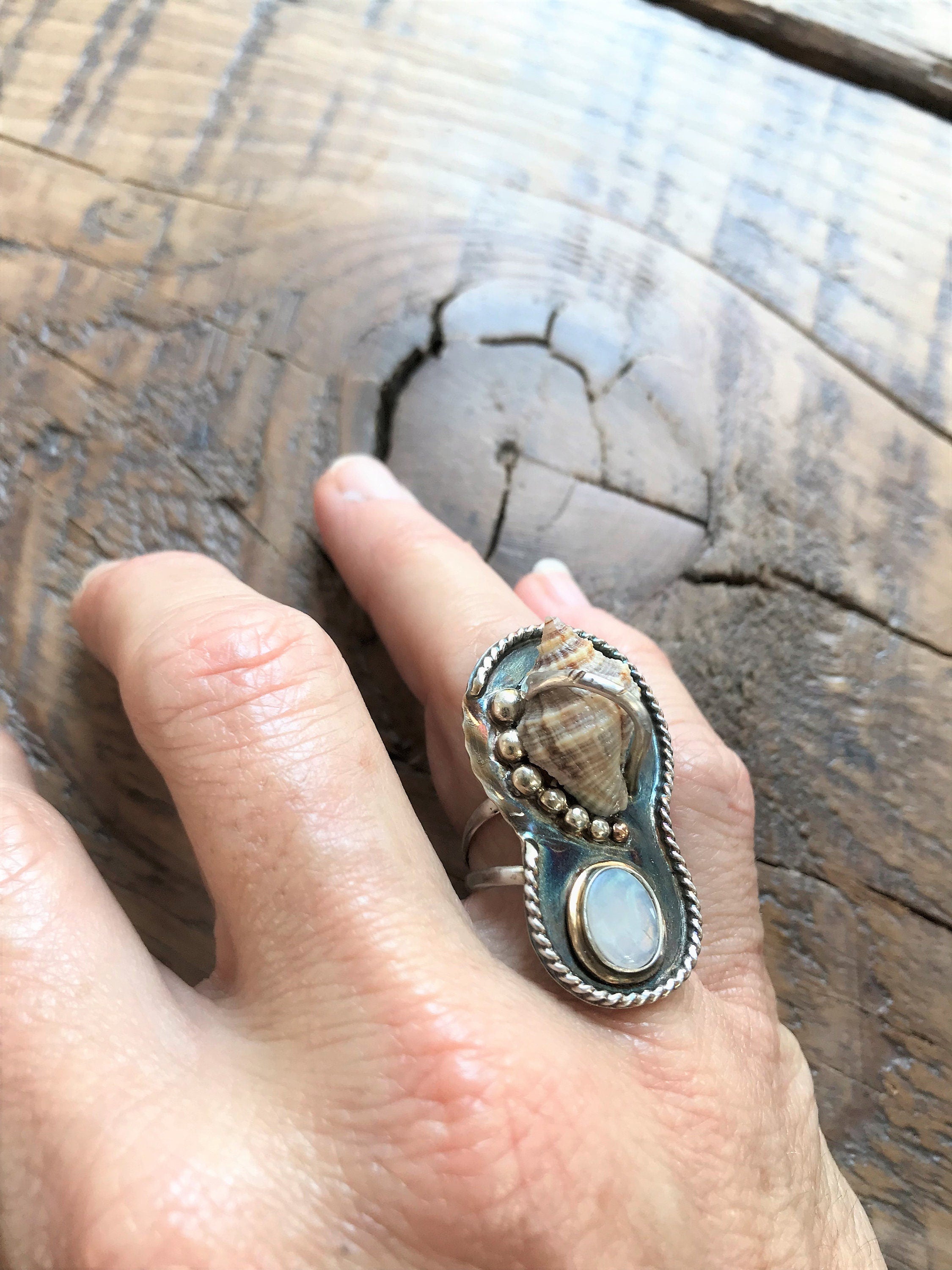 Hand-Picked Florida Rock Snail Shell, Paired with a Beautiful Opal in Mixed Metal; Truly a One of a Kind JO's Beach Inspired Artisan Ring
