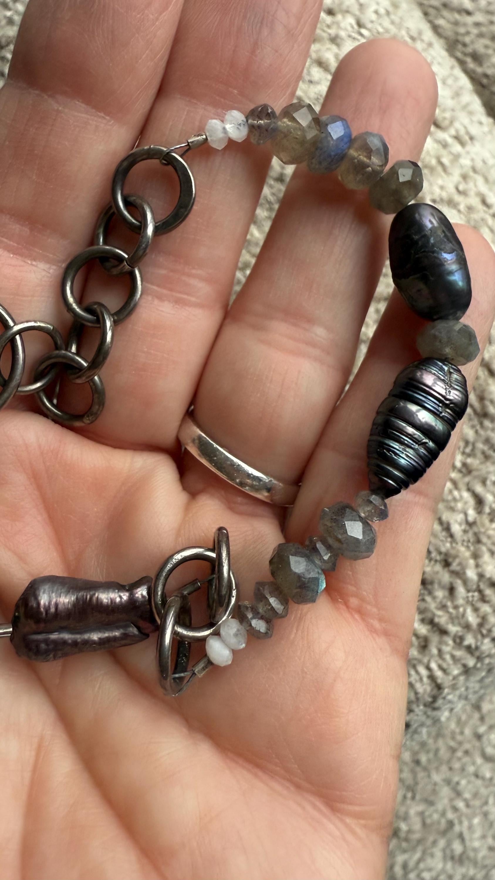 Asymmetrical Tahitian Black Pearl Necklace: Labradorite Moonstone, Hand-Forged Sterling Silver (18.5”)