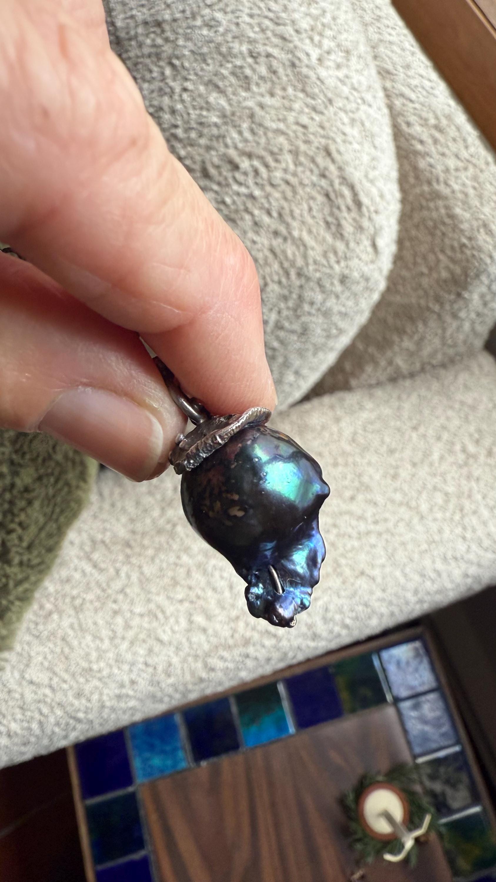 Giant Black Baroque Pearl Necklace with Sterling silver Chain and 14k Gold; 24” long.