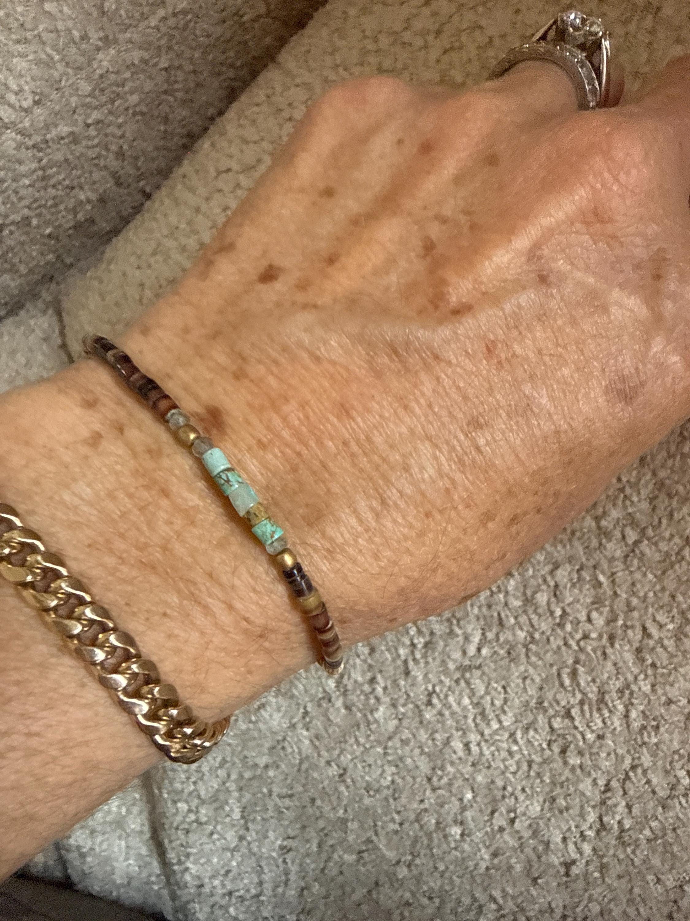 Gypsy Bracelet with Turquoise, Shell, Labradorite & Brass Beads with 14kgf Clasp, 7.5”