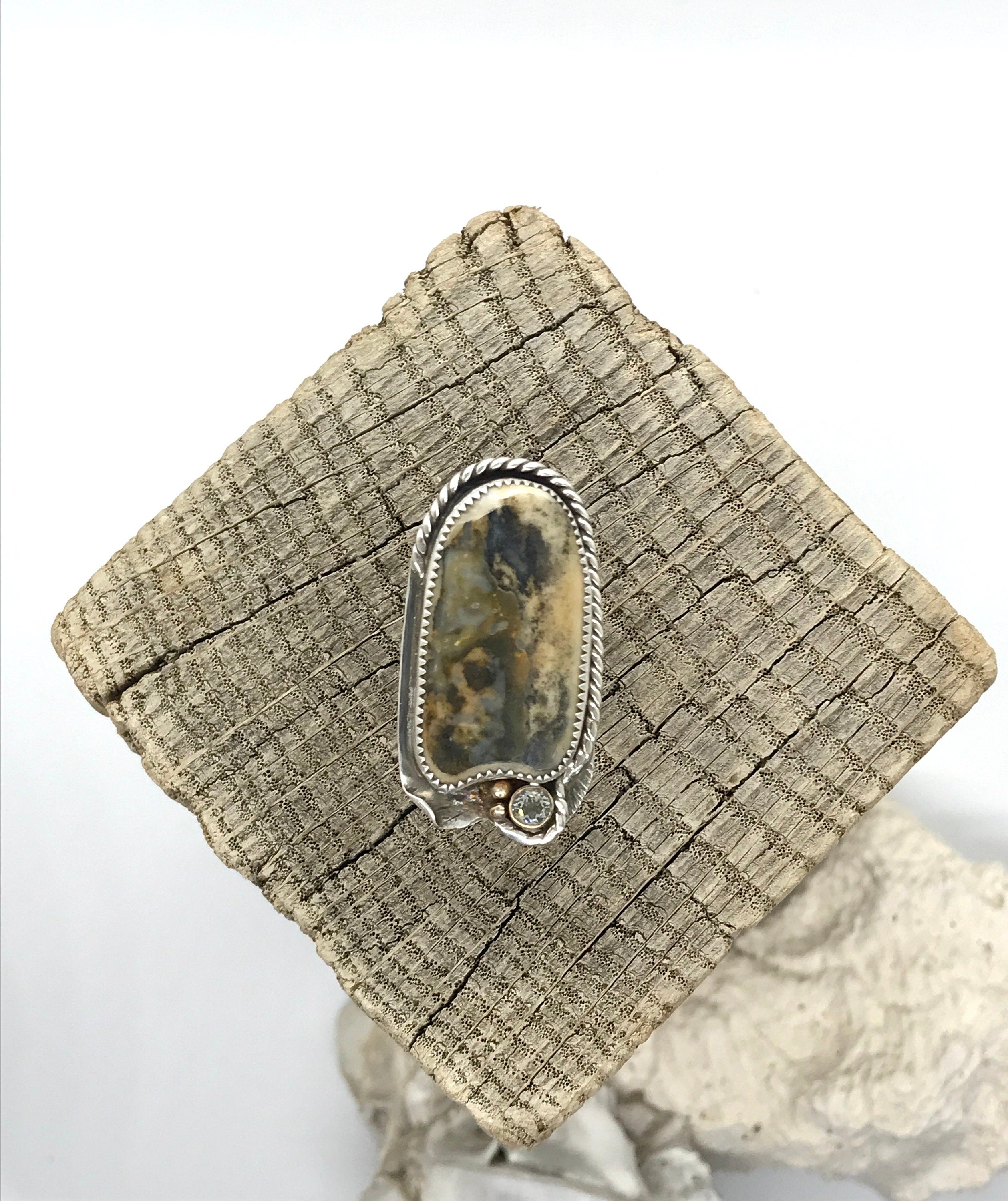 CLAM SHELL Ring Paired with a 5mm White Topaz, Handmade in Sterling and Fine Silver & 14KGF Accents
