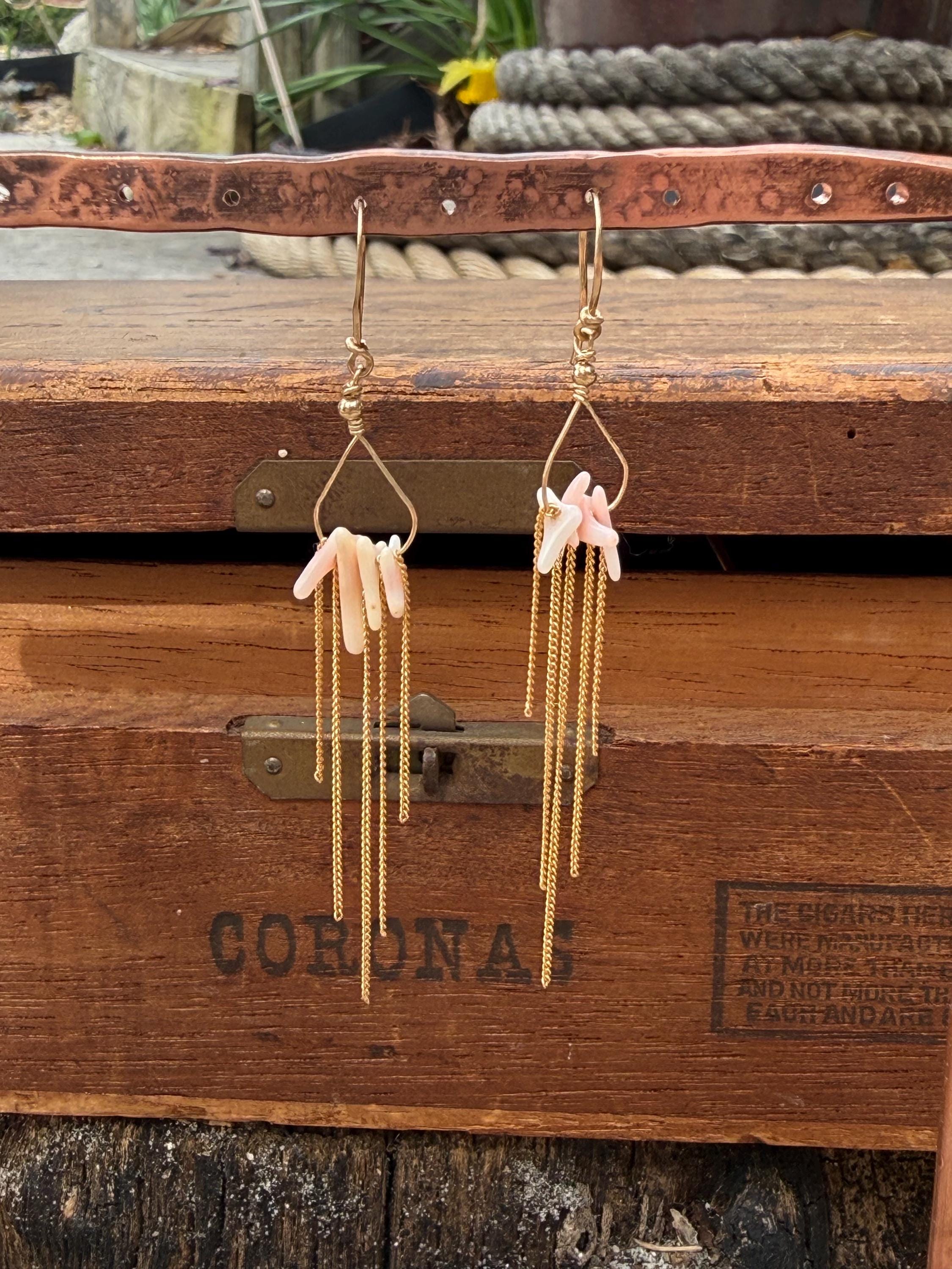 Angel Skin Coral & Chain Long Fringe Dangle Earrings in 14kgf, Handmade