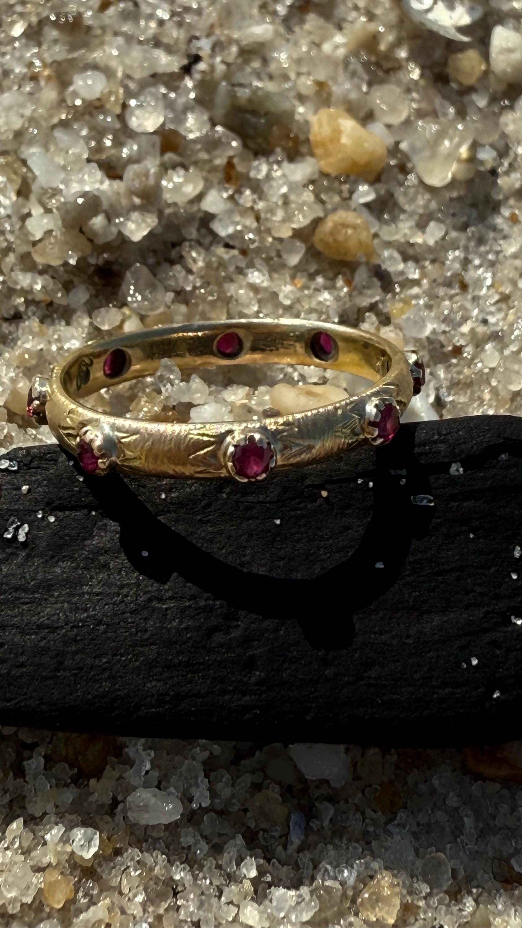 Recycled Vintage 14k Gold Band with Ruby’s and Hand Engraved Detail; size 7-3/4.