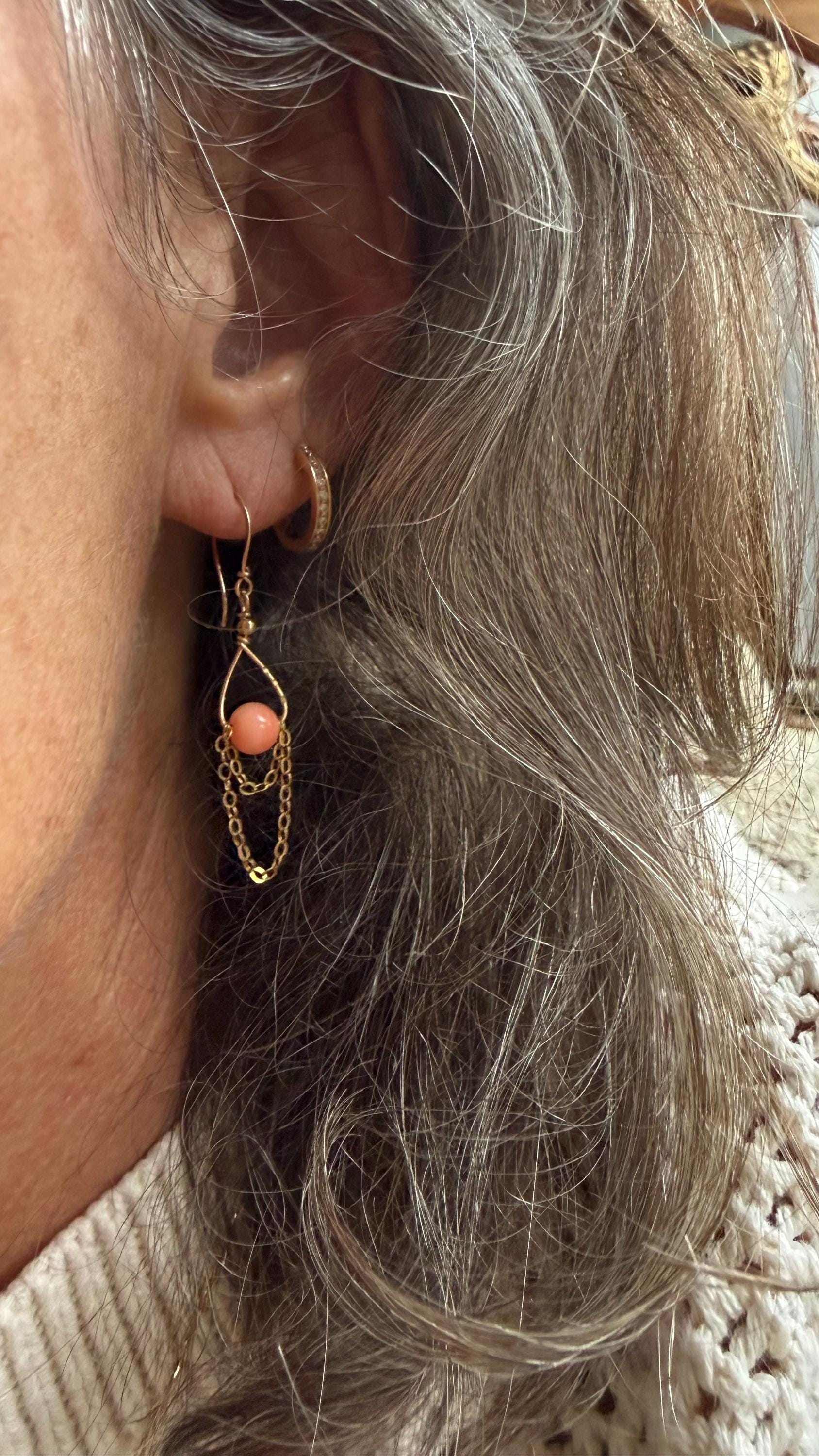 Angel Skin Coral & Chain Lightweight Dangle Earrings in 14kgf, Handmade