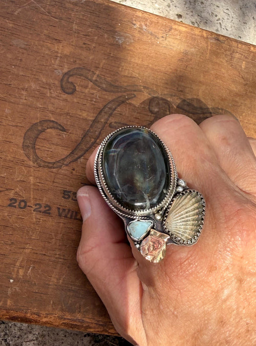Flashing Labradorite, Broad-Ribbed Cardita Shell, Recycled Larimar, Cardita Shell, & Hand-Forged Scallop Shell in Mix of SS and 14KGF; 10MM Reticulated Band