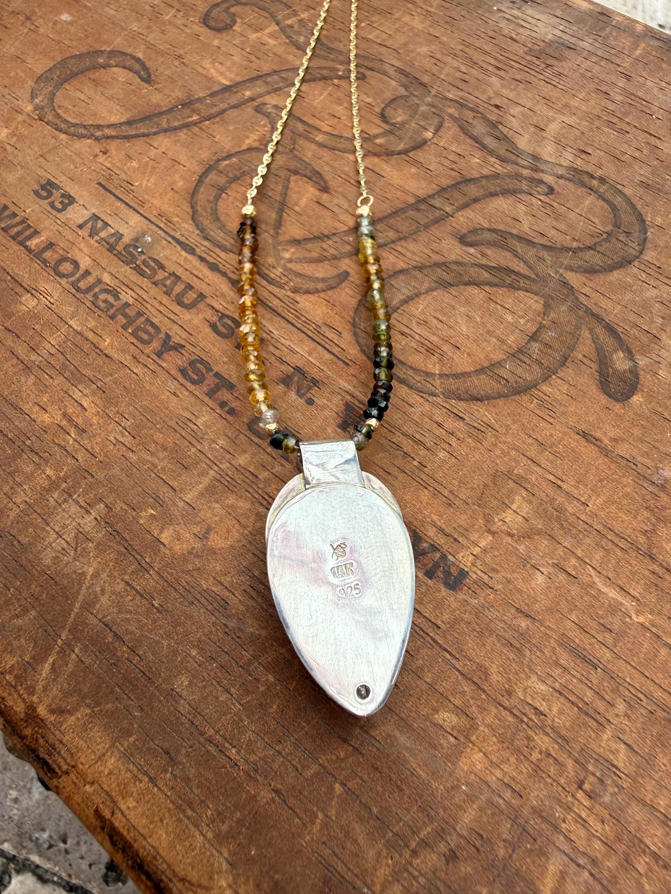 Druzy Diamond Pendant: 14K Gold & Sterling Silver, Tourmaline Bead Necklace