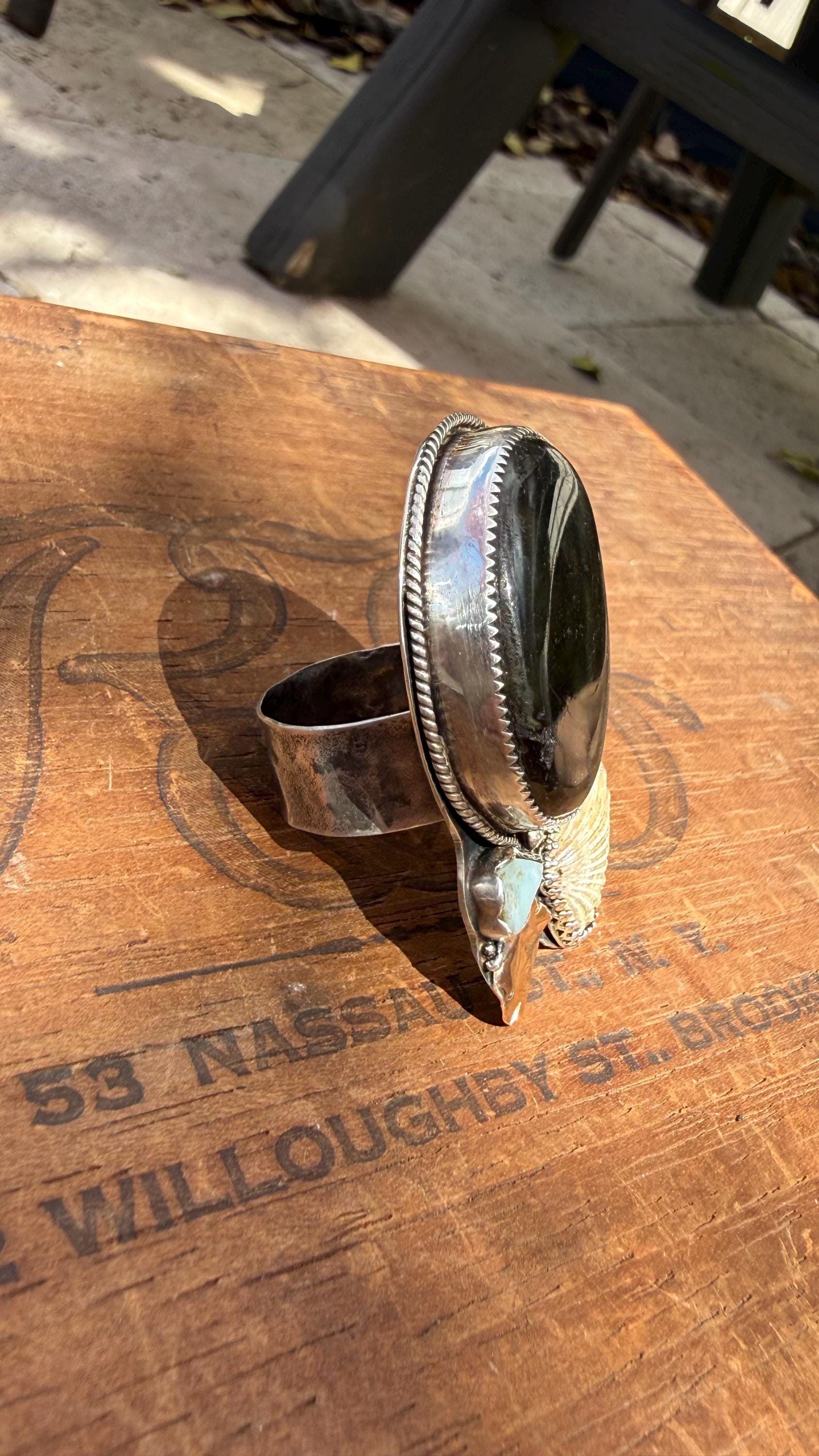 Flashing Labradorite, Broad-Ribbed Cardita Shell, Recycled Larimar, Cardita Shell, & Hand-Forged Scallop Shell in Mix of SS and 14KGF; 10MM Reticulated Band