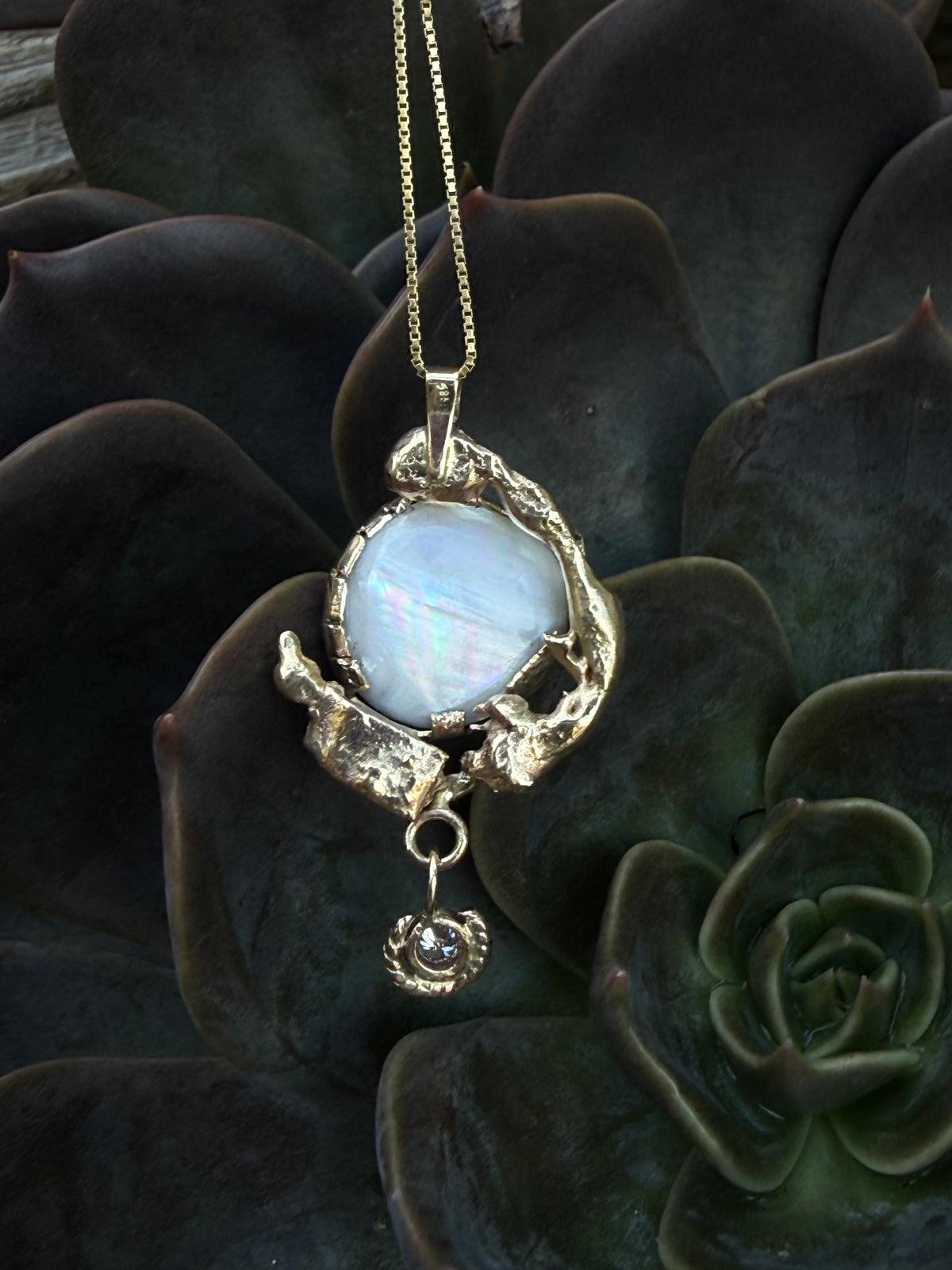South Seas Mabe Pearl Pendant in Vintage 14K Gold  with a Diamond Drop