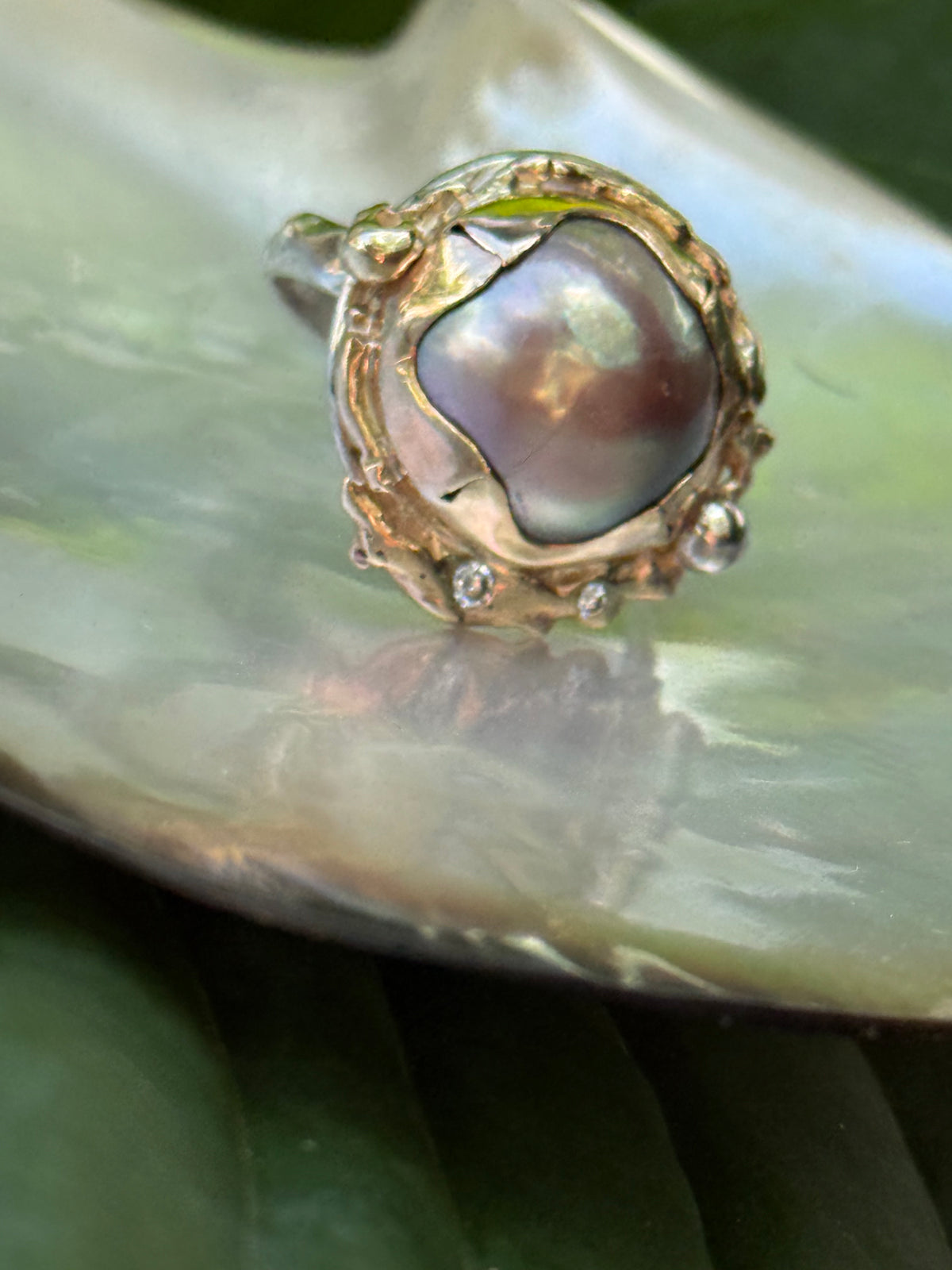 South Seas Mabe Pearl Ring in Vintage 14K Gold and Sterling Silver and Diamonds
