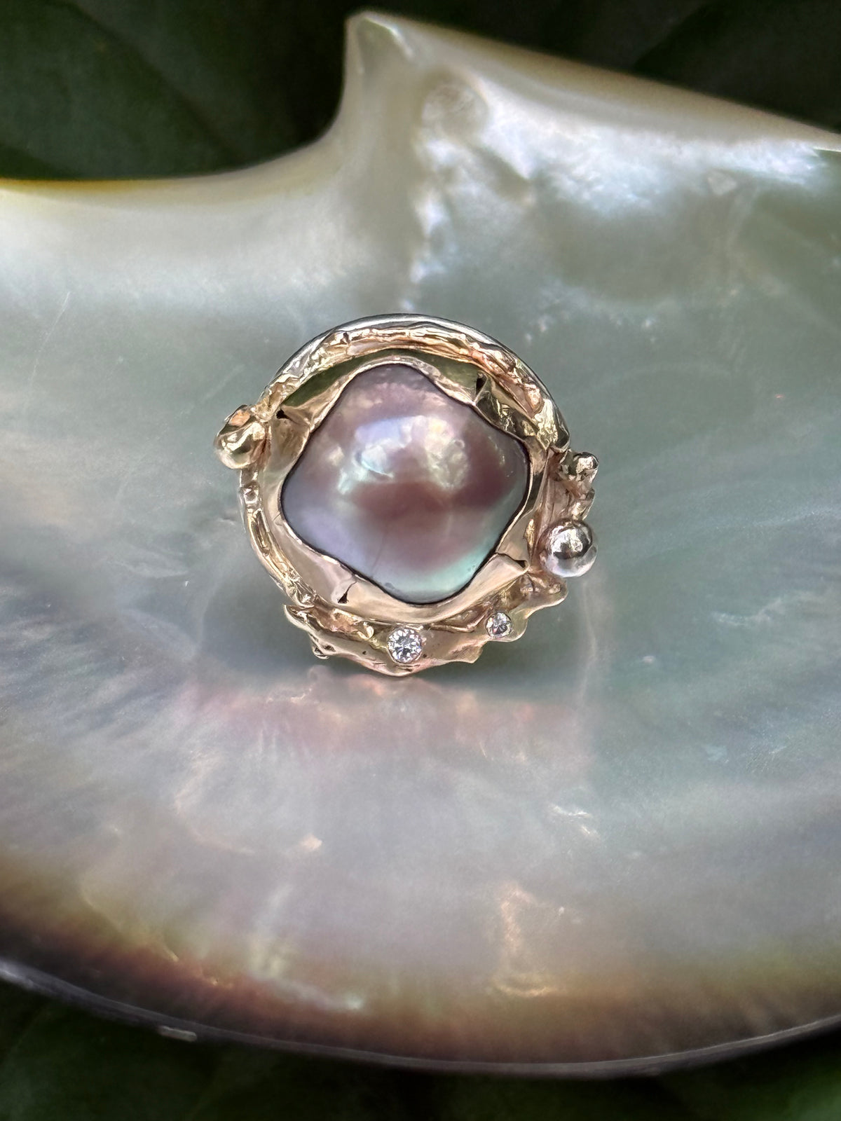 South Seas Mabe Pearl Ring in Vintage 14K Gold and Sterling Silver and Diamonds