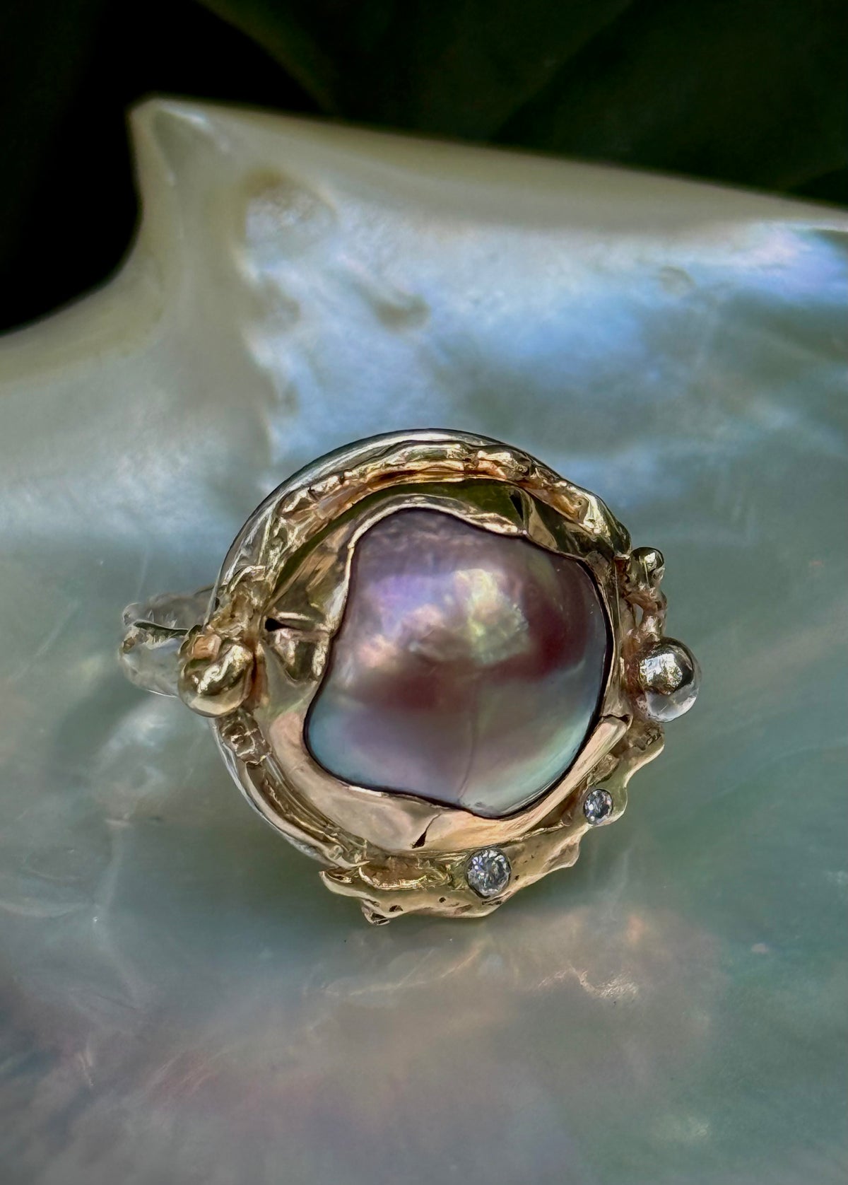 South Seas Mabe Pearl Ring in Vintage 14K Gold and Sterling Silver and Diamonds