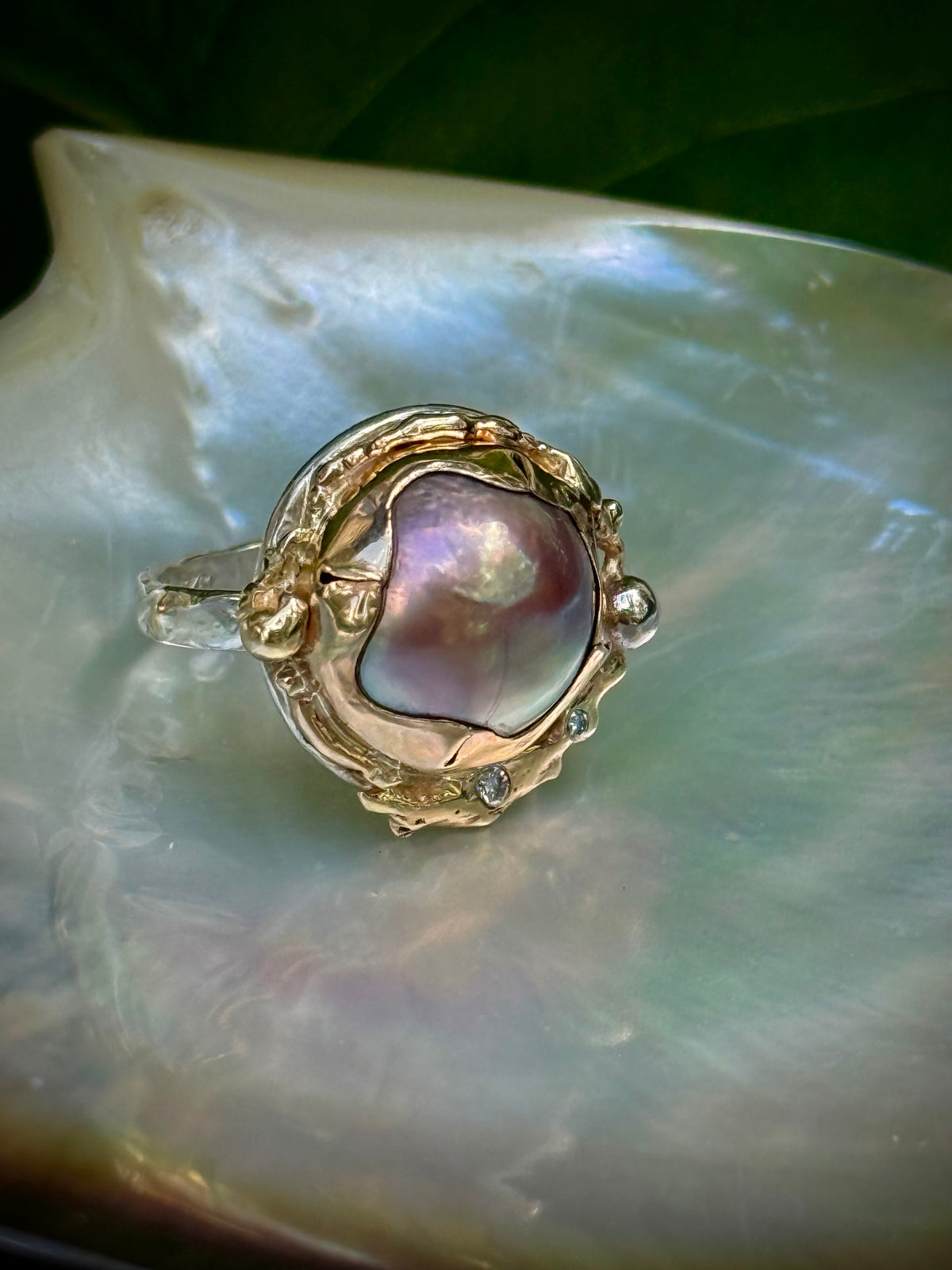 South Seas Mabe Pearl Ring in Vintage 14K Gold and Sterling Silver and Diamonds