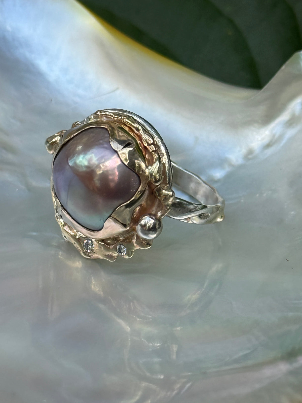 South Seas Mabe Pearl Ring in Vintage 14K Gold and Sterling Silver and Diamonds
