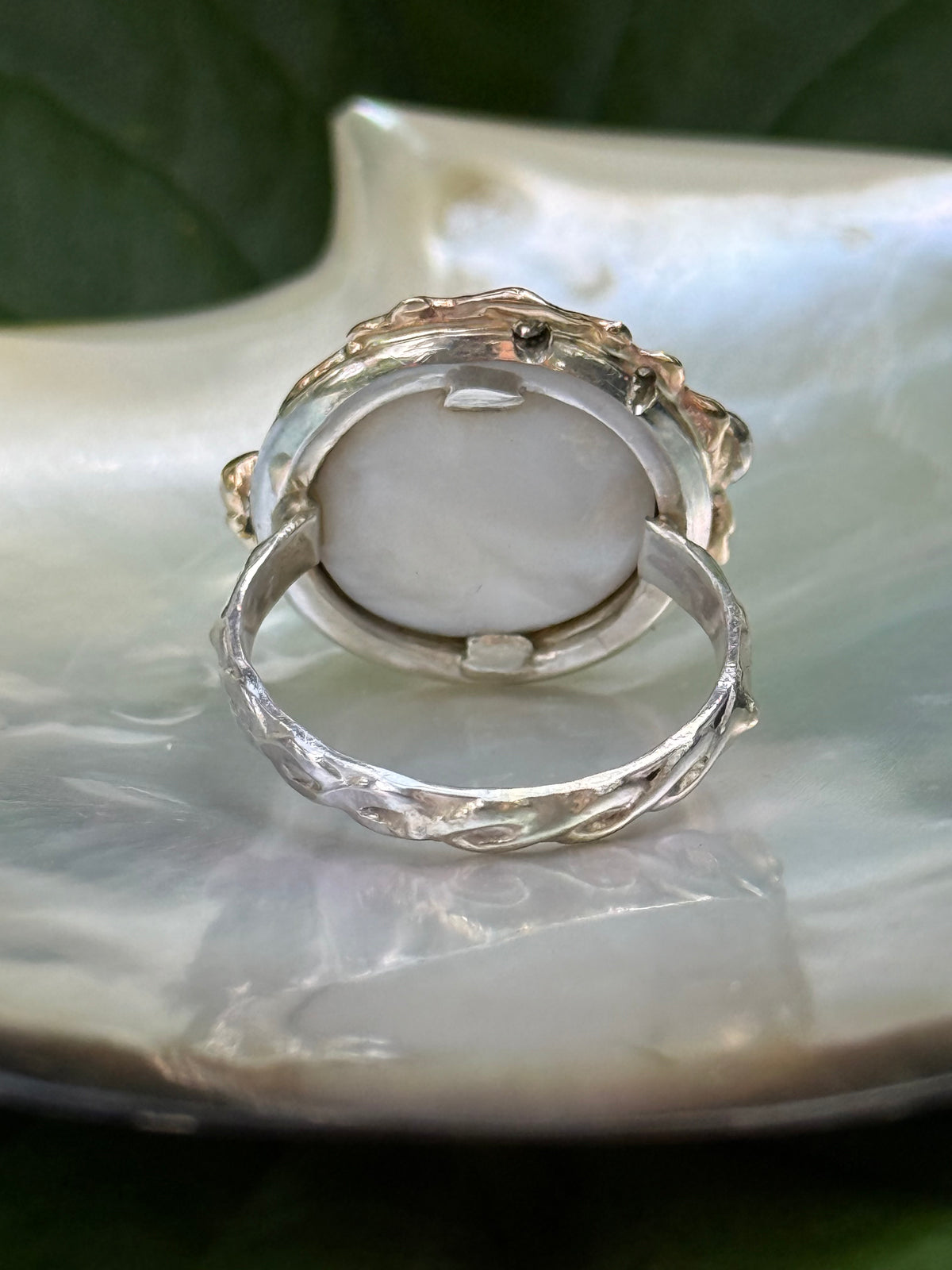 South Seas Mabe Pearl Ring in Vintage 14K Gold and Sterling Silver and Diamonds