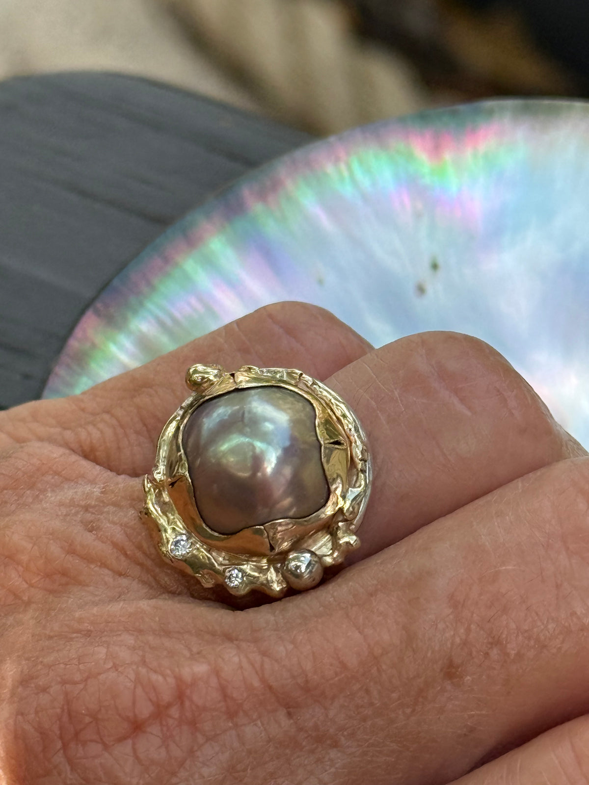South Seas Mabe Pearl Ring in Vintage 14K Gold and Sterling Silver and Diamonds