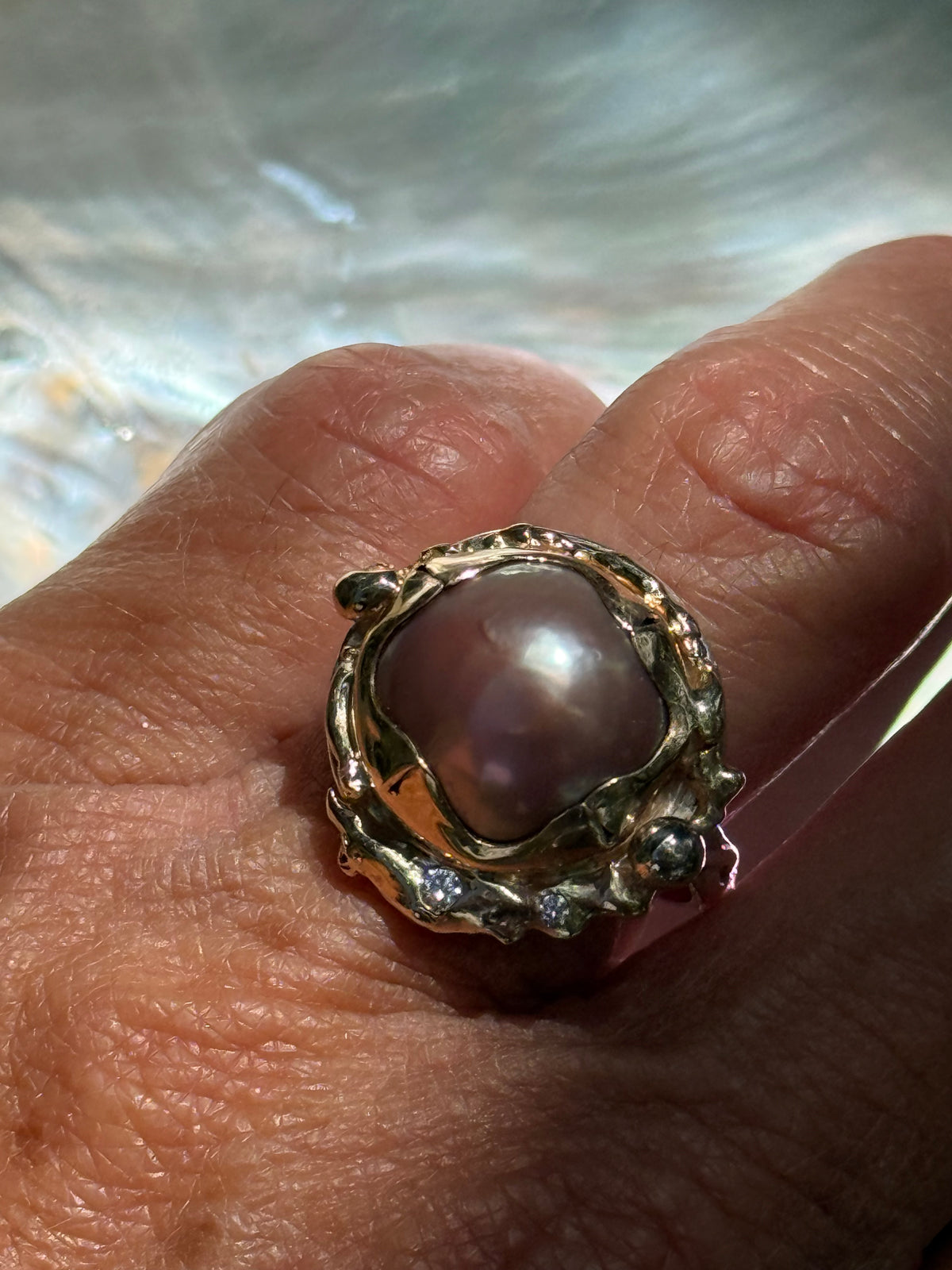 South Seas Mabe Pearl Ring in Vintage 14K Gold and Sterling Silver and Diamonds