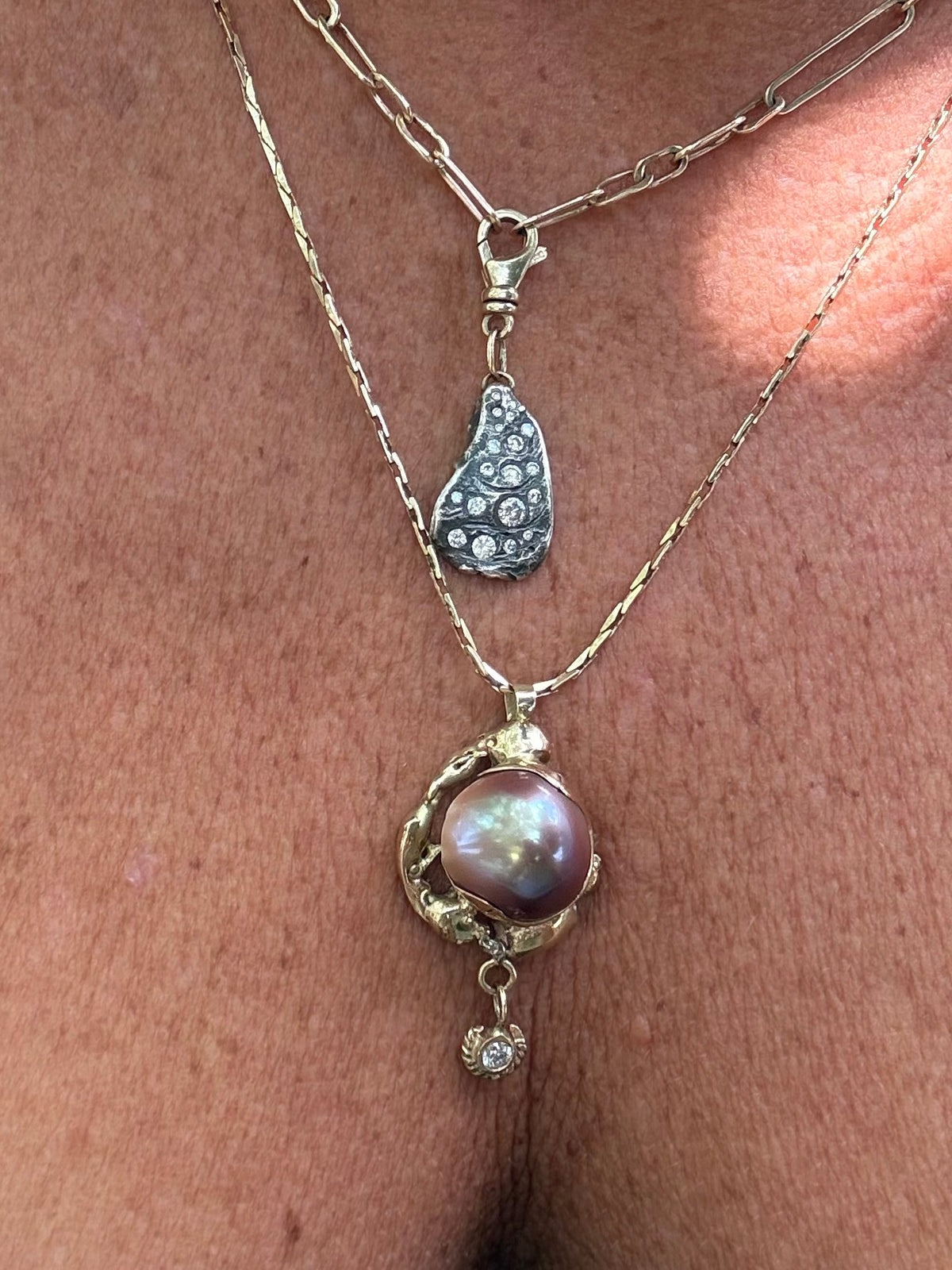 South Seas Mabe Pearl Pendant in Vintage 14K Gold  with a Diamond Drop