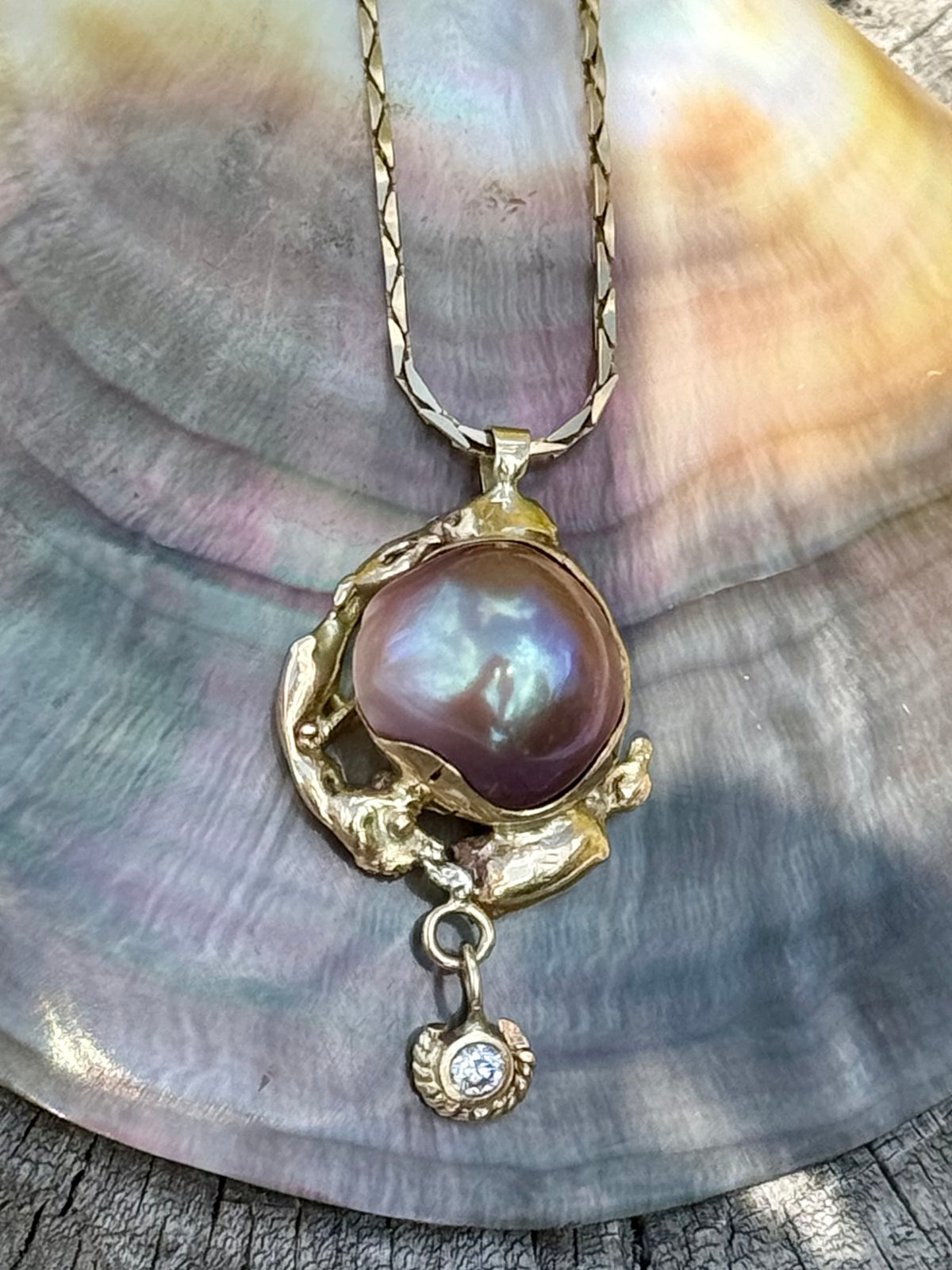 South Seas Mabe Pearl Pendant in Vintage 14K Gold  with a Diamond Drop