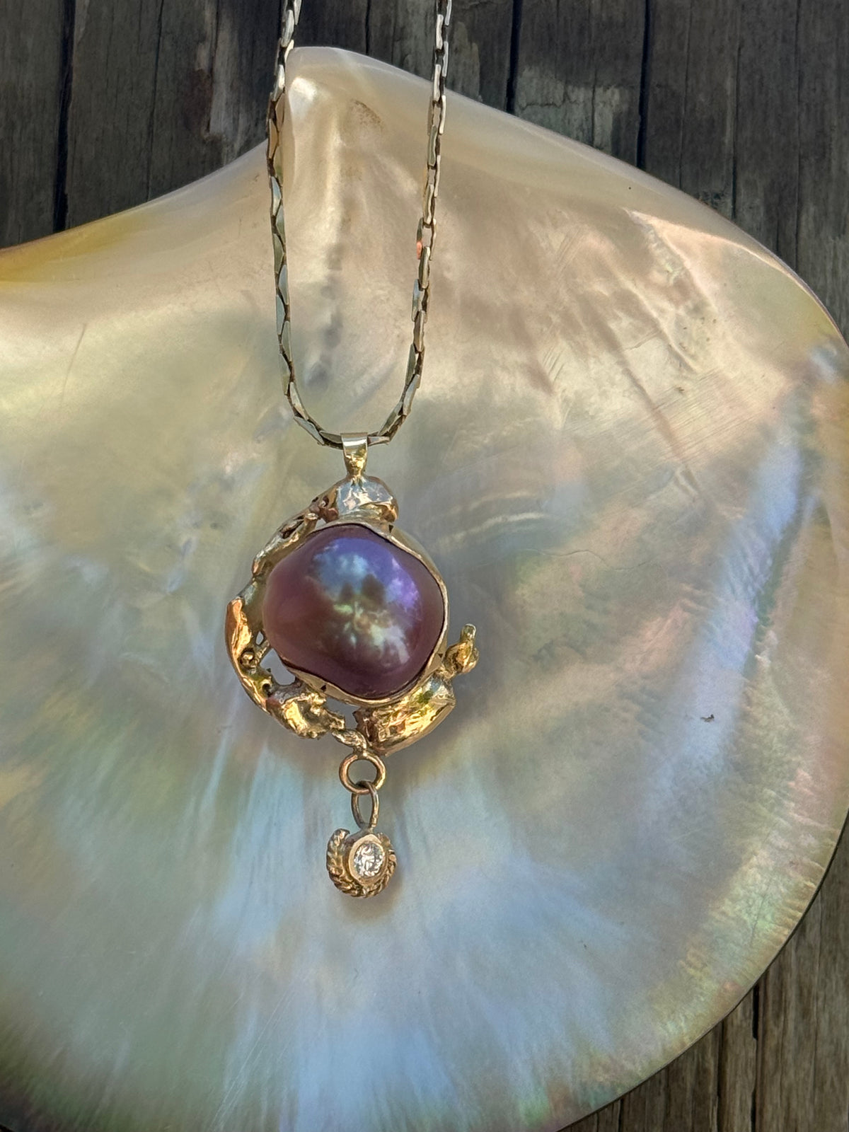 South Seas Mabe Pearl Pendant in Vintage 14K Gold  with a Diamond Drop