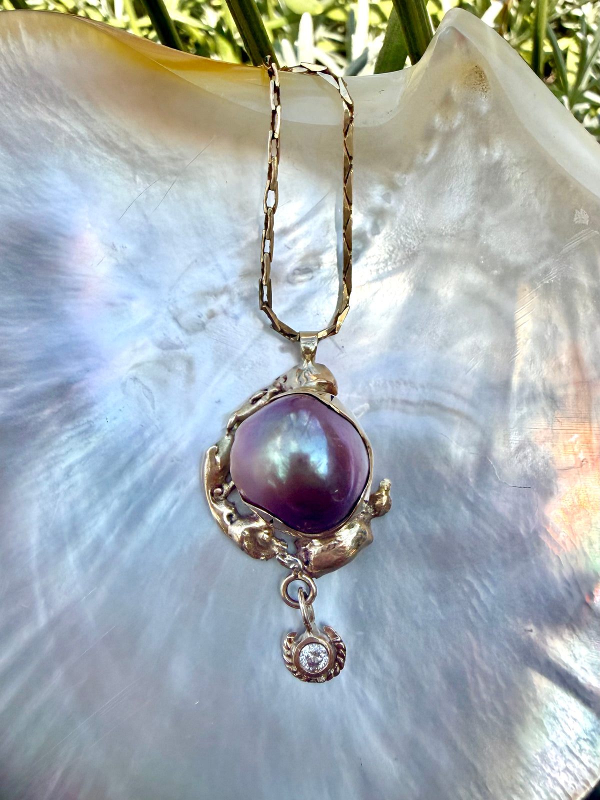 South Seas Mabe Pearl Pendant in Vintage 14K Gold  with a Diamond Drop