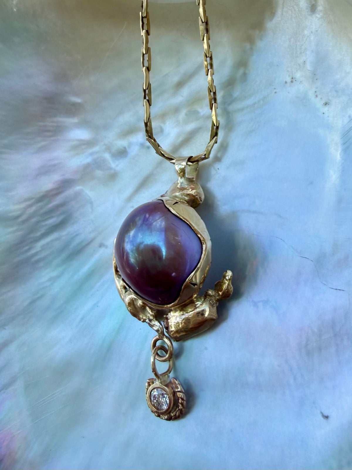 South Seas Mabe Pearl Pendant in Vintage 14K Gold  with a Diamond Drop